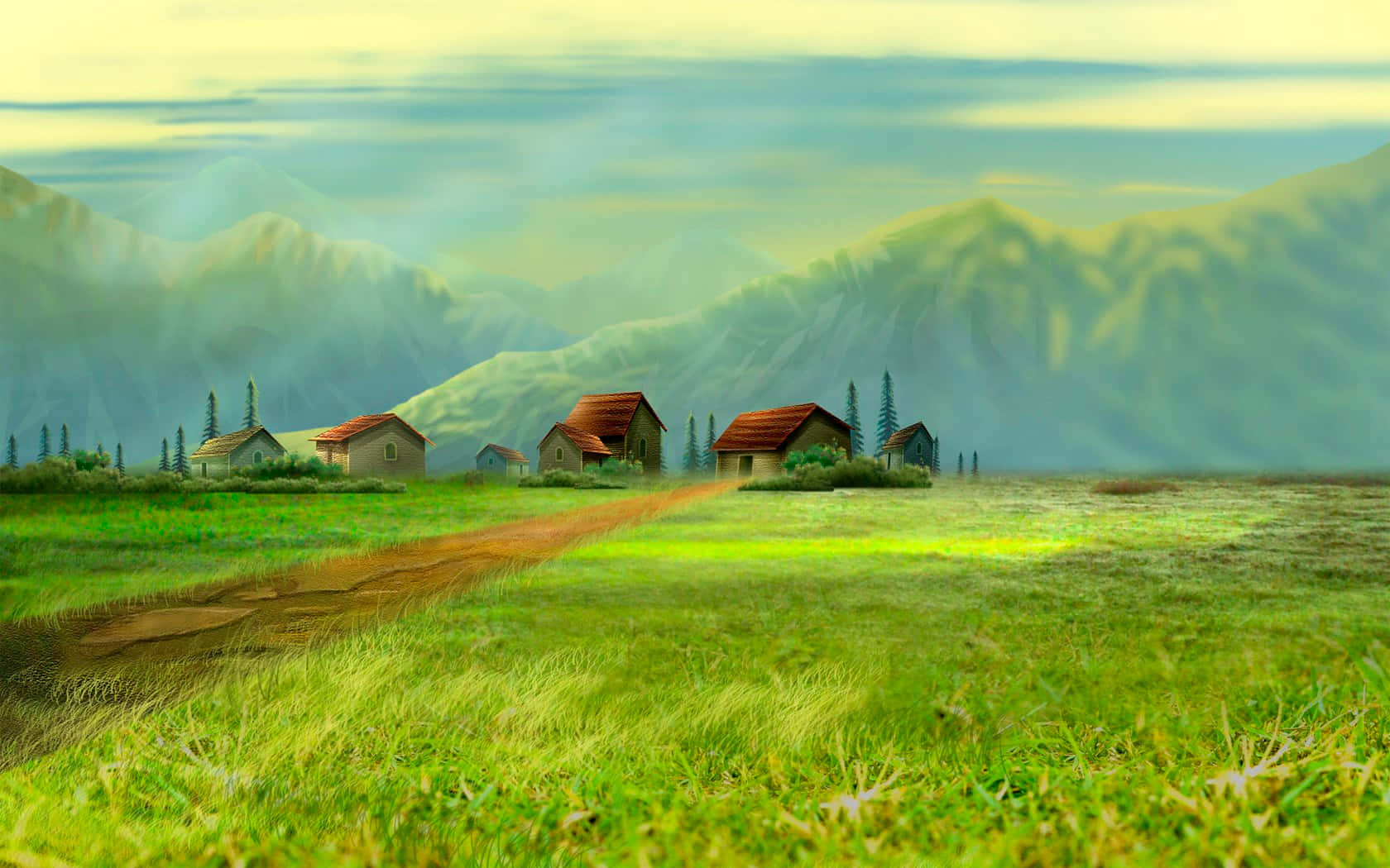 red-roofed houses, lush green valley, misty mountains, HD Desktop Wallpaper