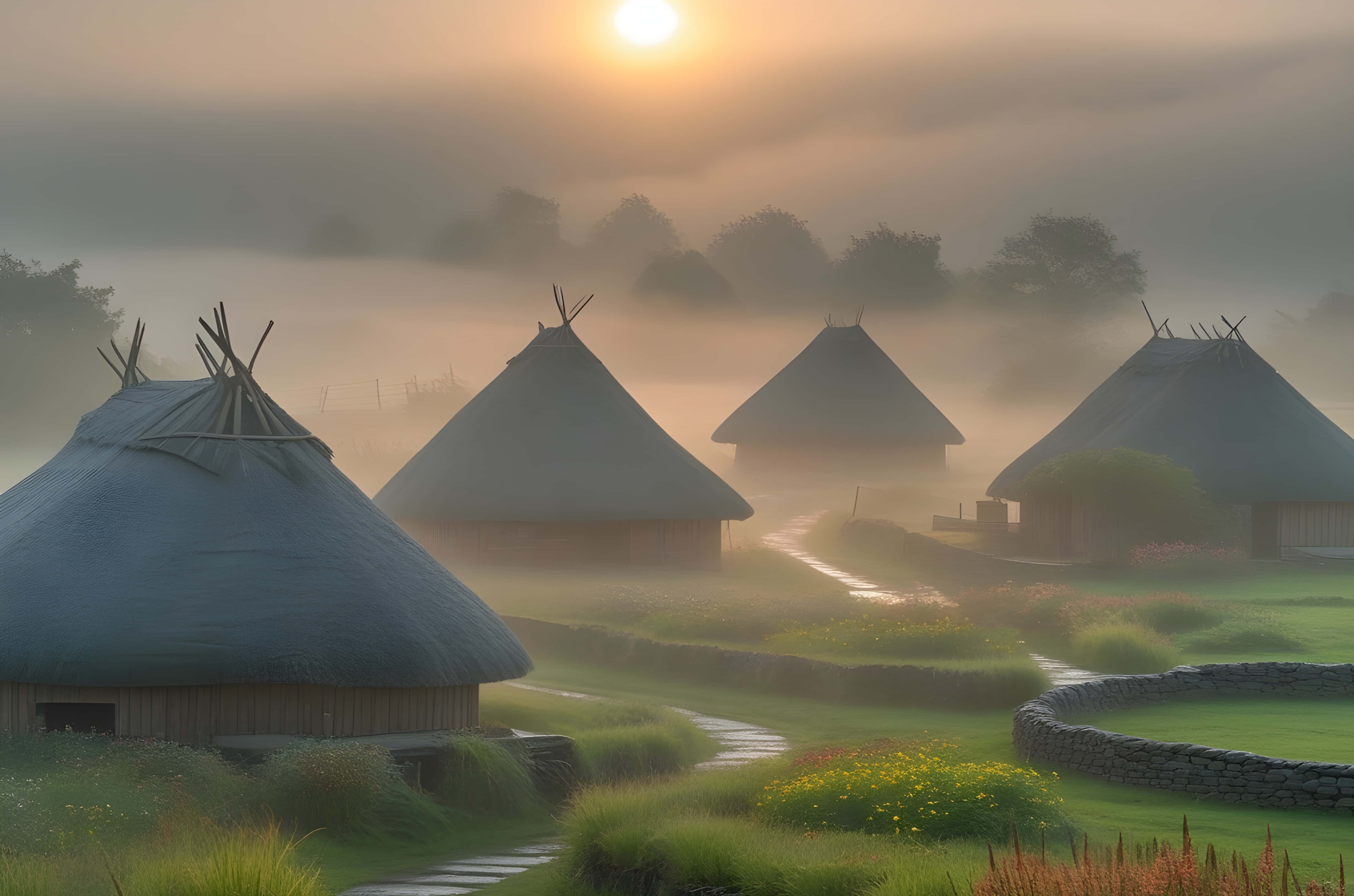 sunrise, village, thatched conical huts, 4K Desktop Wallpaper