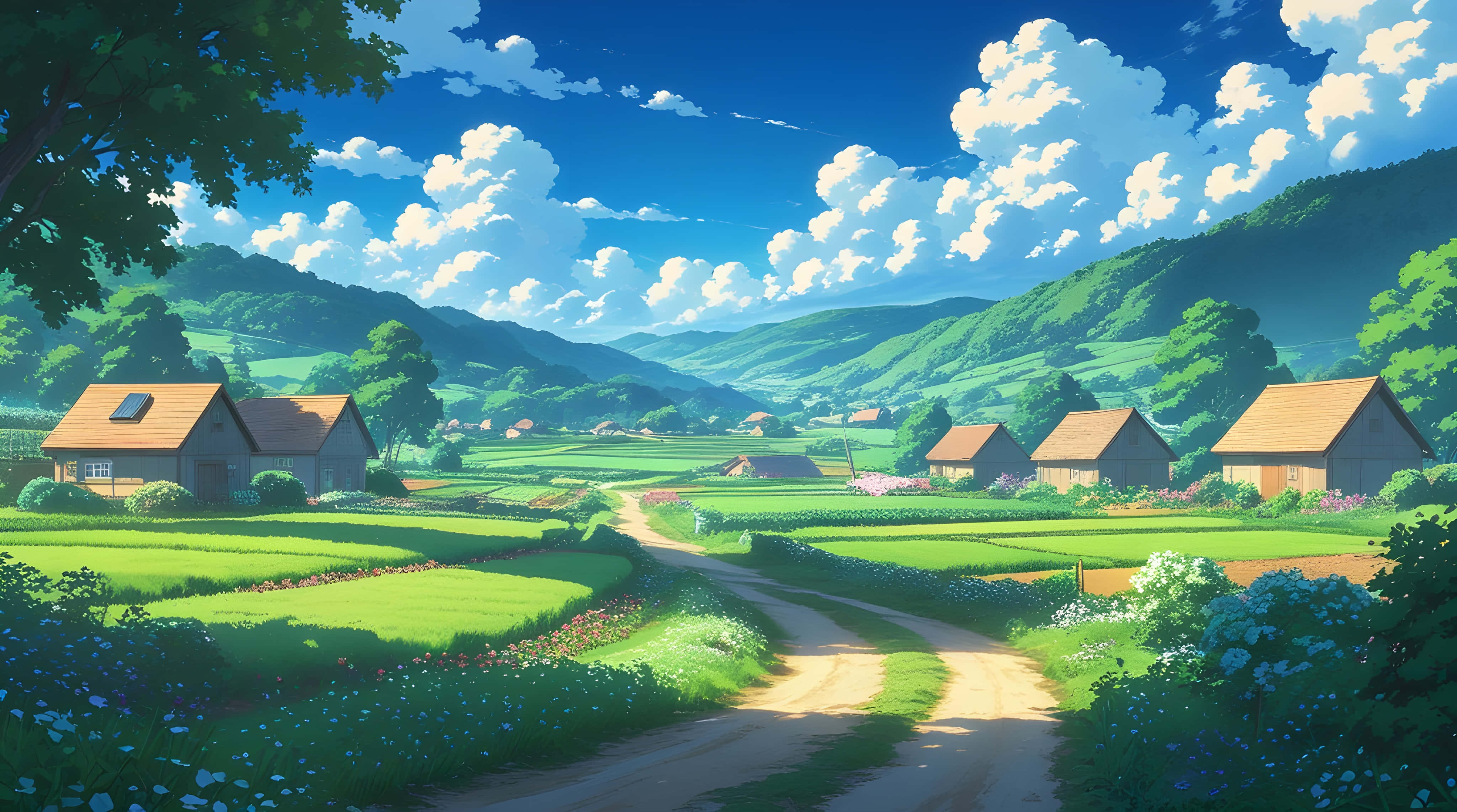 countryside path, vibrant green fields, wooden houses, 4K Desktop Wallpaper