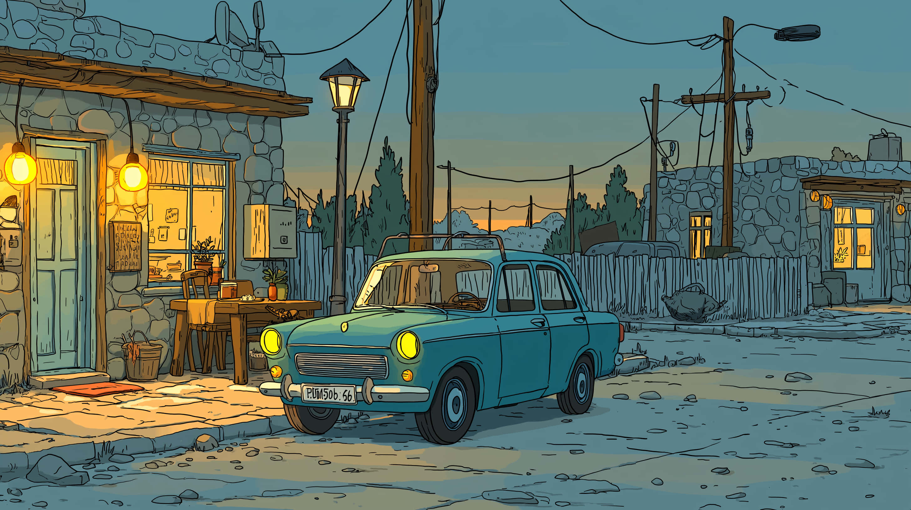 vintage teal car, dusty street, dusk, 2K Desktop Wallpaper