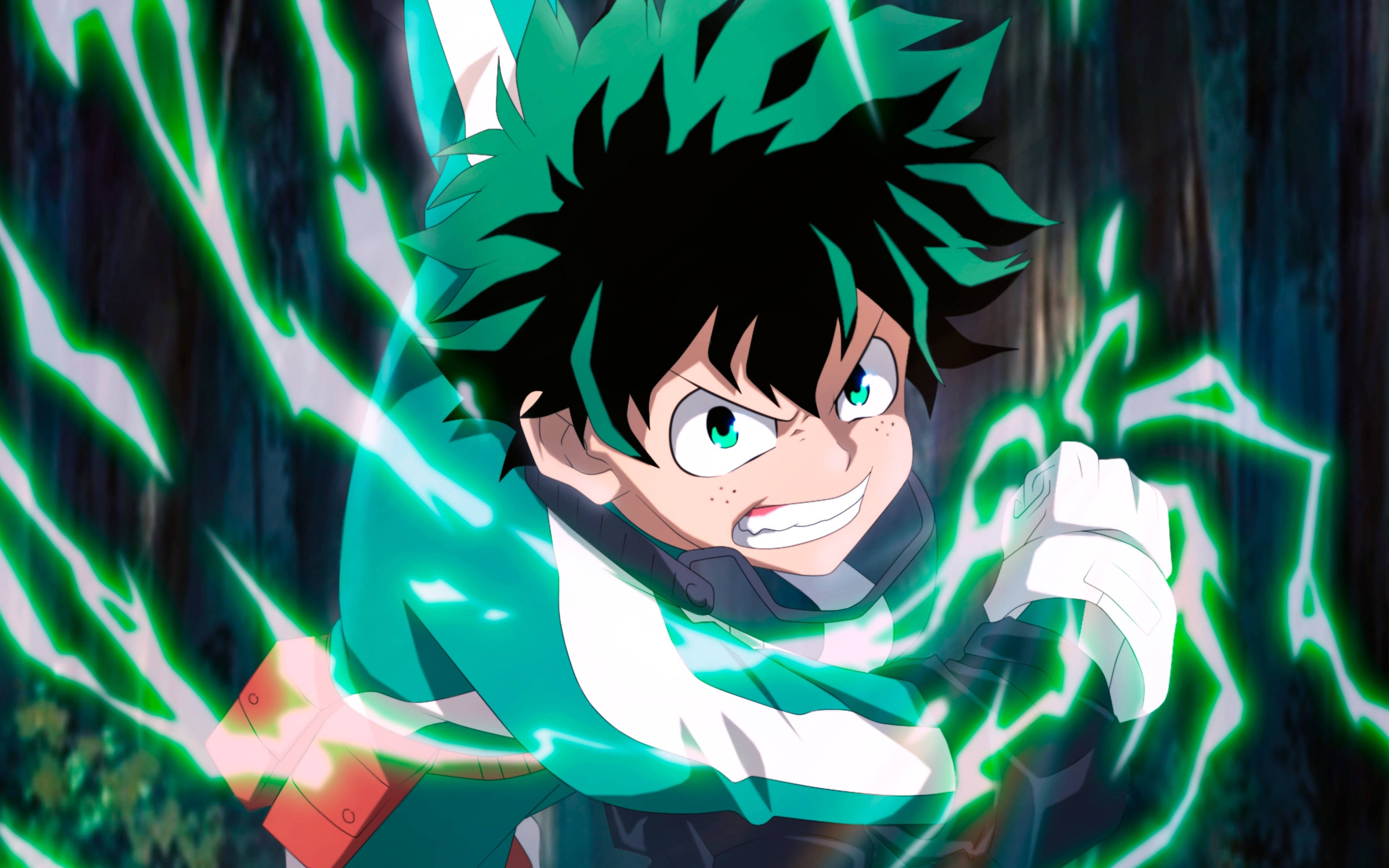 Villain deku, green lightning, spiky green hair, 4K Desktop Wallpaper