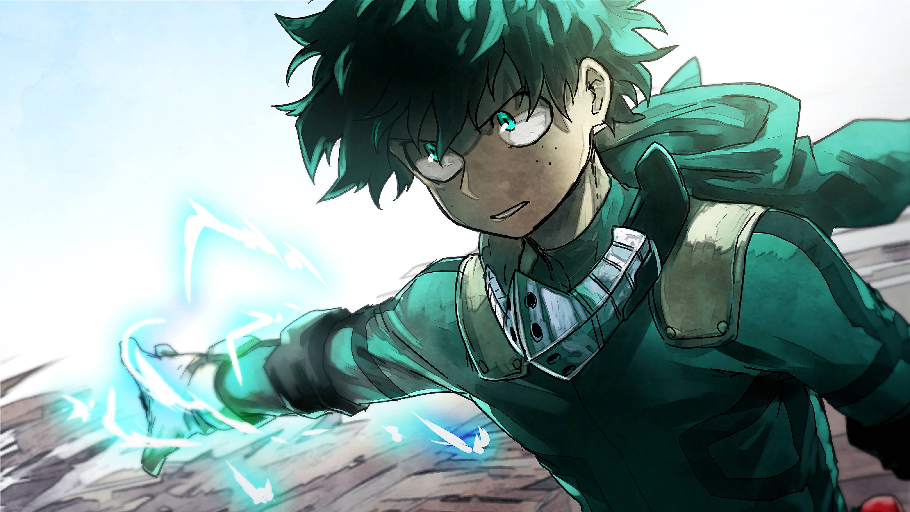 Villain Deku, green lightning, glowing eyes, 4K Desktop Wallpaper