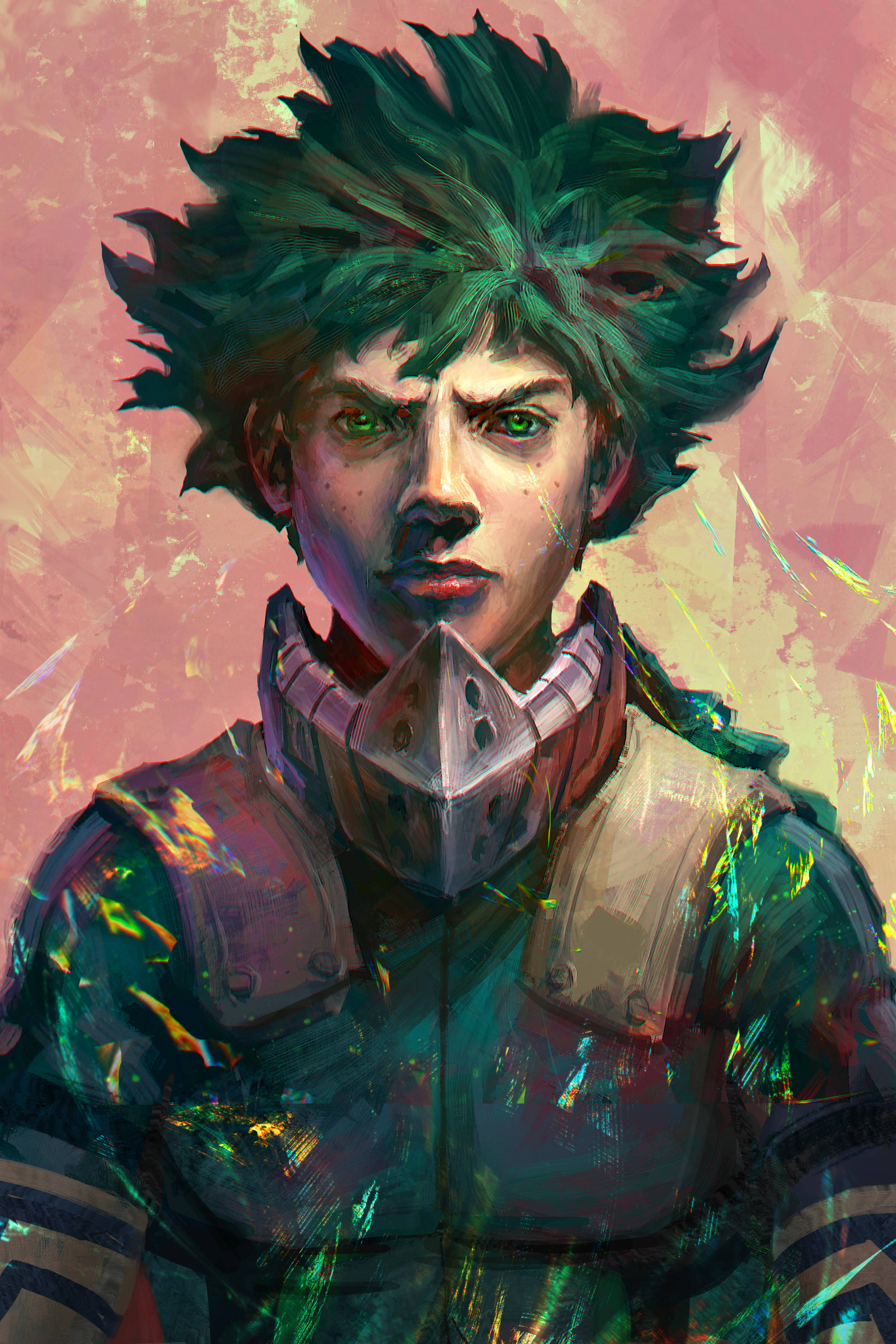 Villain Deku, spiky green hair, glowing eyes, 2K Phone Wallpaper