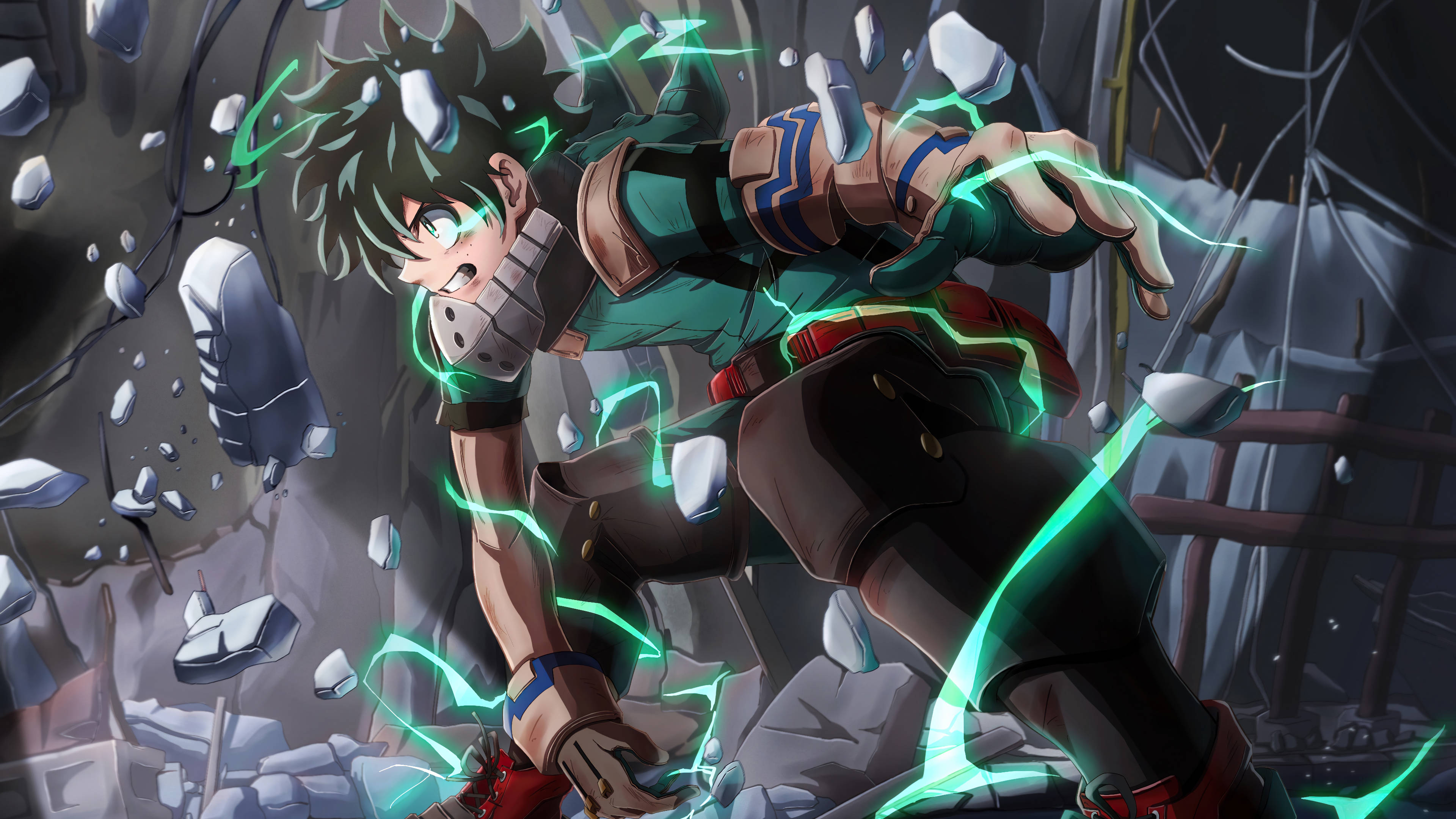 Villain Deku, green and brown gear, glowing green energy, 4K Desktop Wallpaper