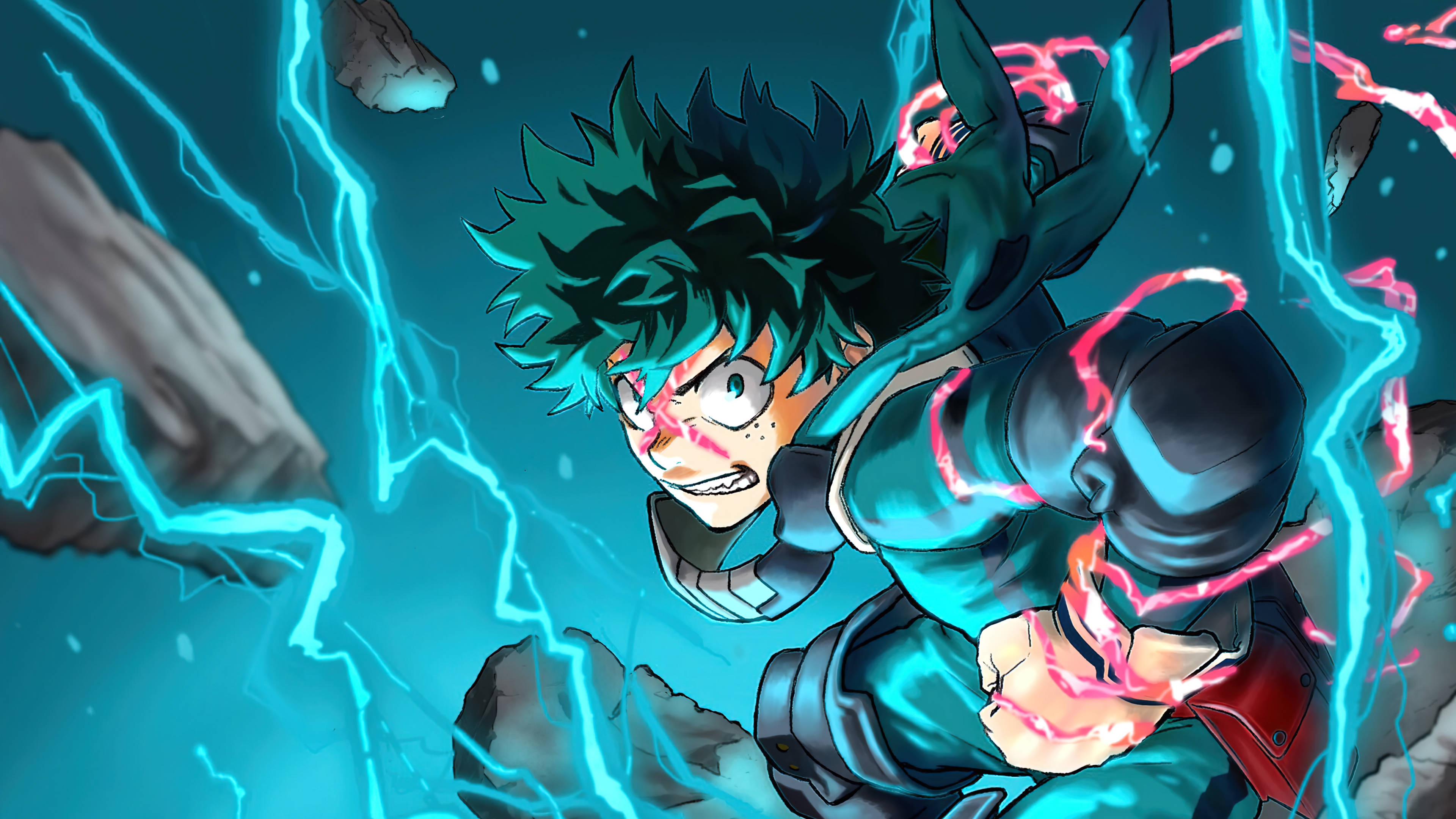 Villain Deku, spiky teal hair, electric powers, 4K Desktop Wallpaper