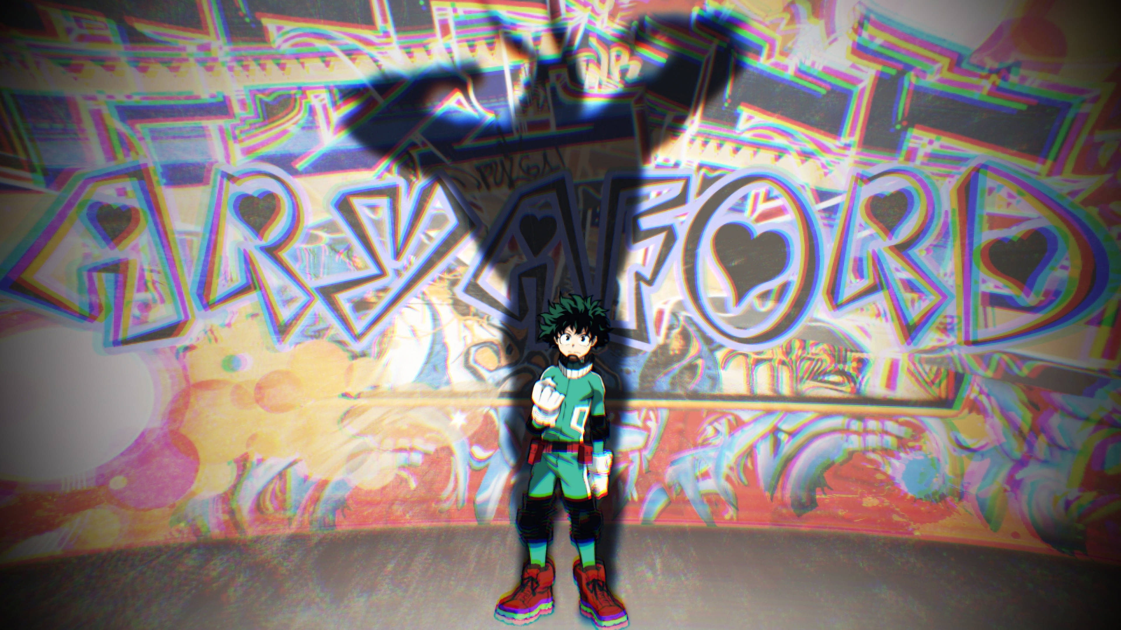 Villain Deku, green-haired anime boy, vibrant graffiti wall, 4K Desktop Wallpaper