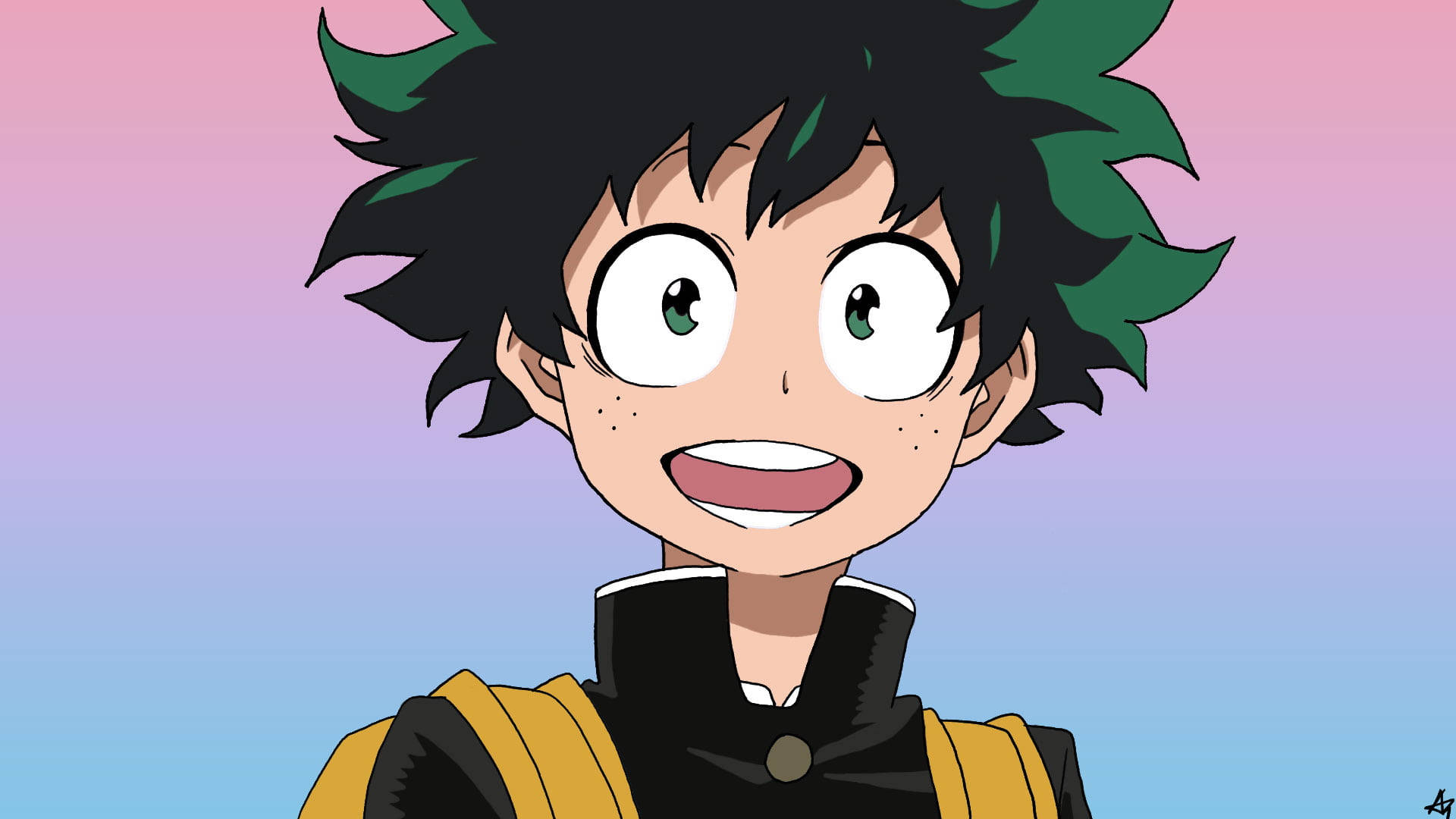 Deku, spiky black and green hair, soft pink blue gradient sky, Full HD Desktop Wallpaper