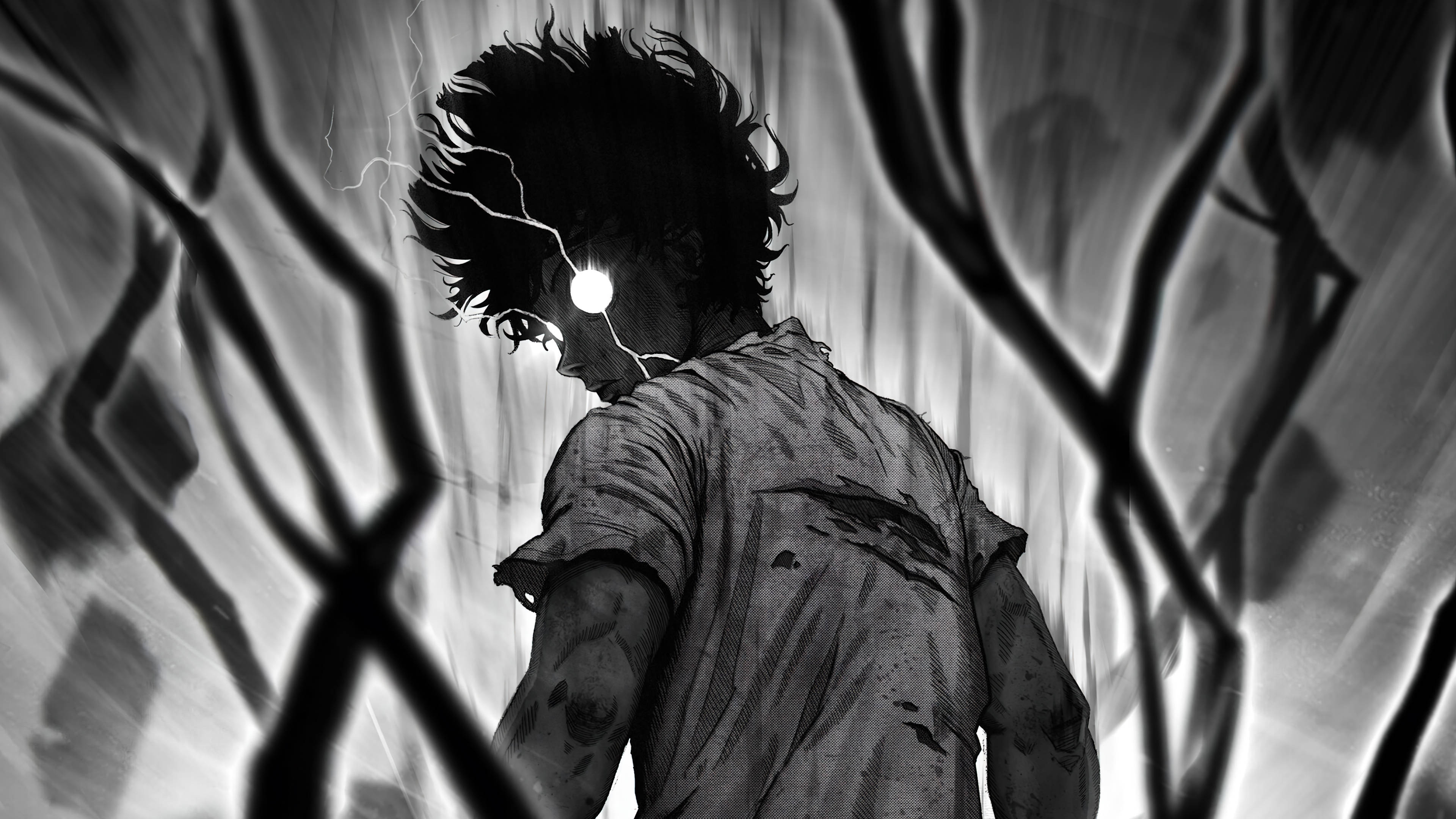 Dark Villain Deku, lightning eyes, chain-link fence, 4K Desktop Wallpaper