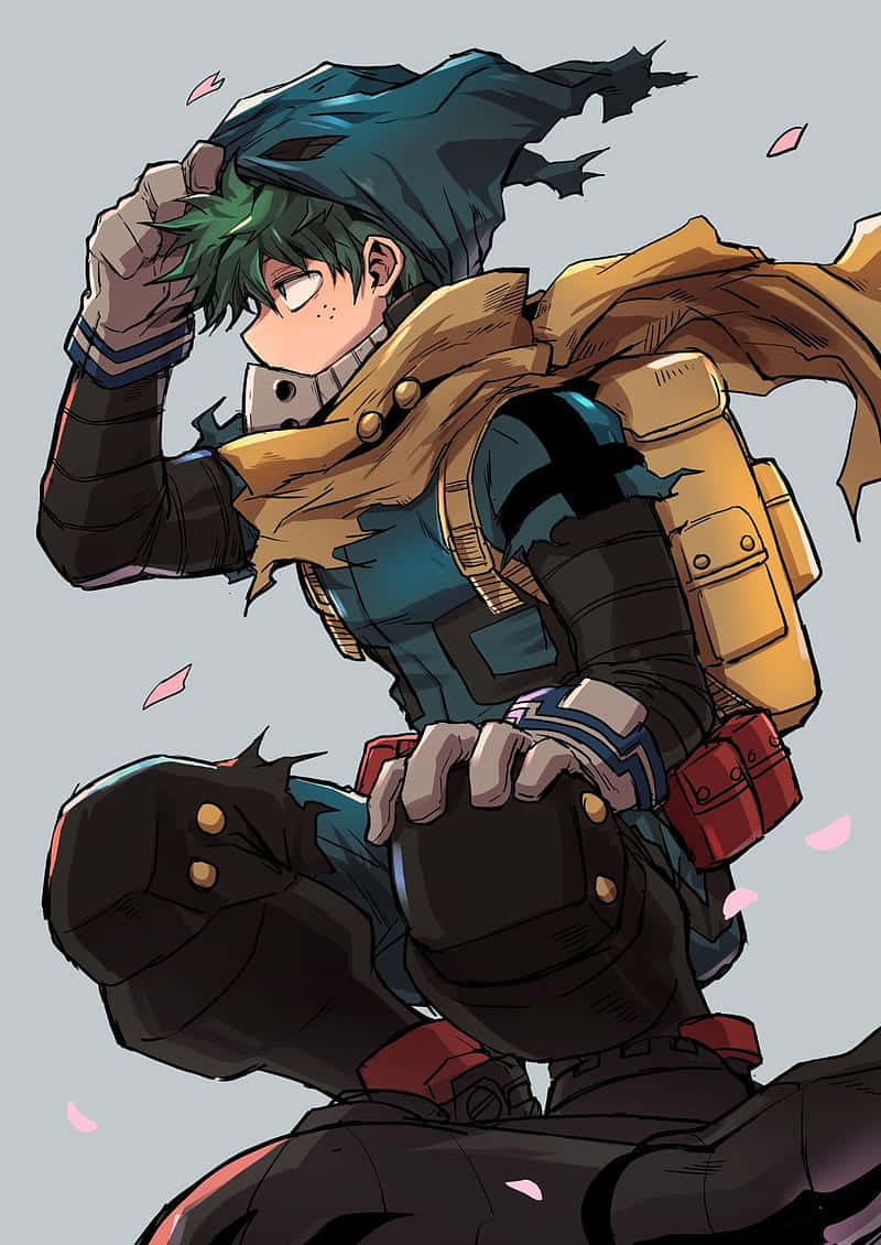 Deku, green-haired anime hero, torn blue and yellow gear, SD Phone Wallpaper