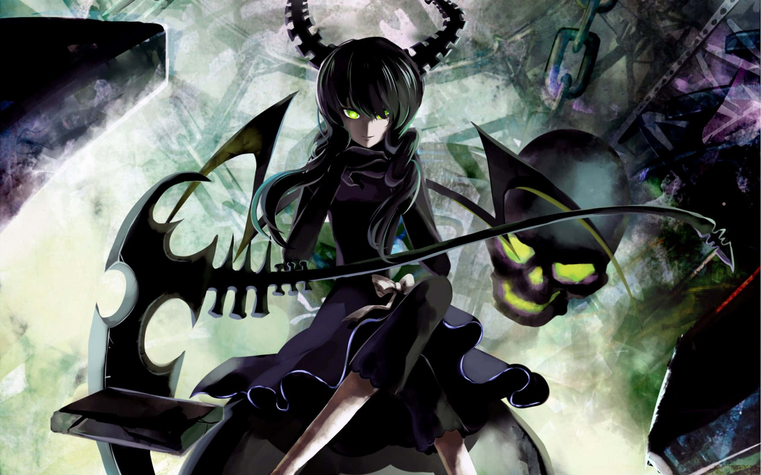 Epic Anime Villain Girl, dark-haired, glowing green eyes, 2K Desktop Wallpaper