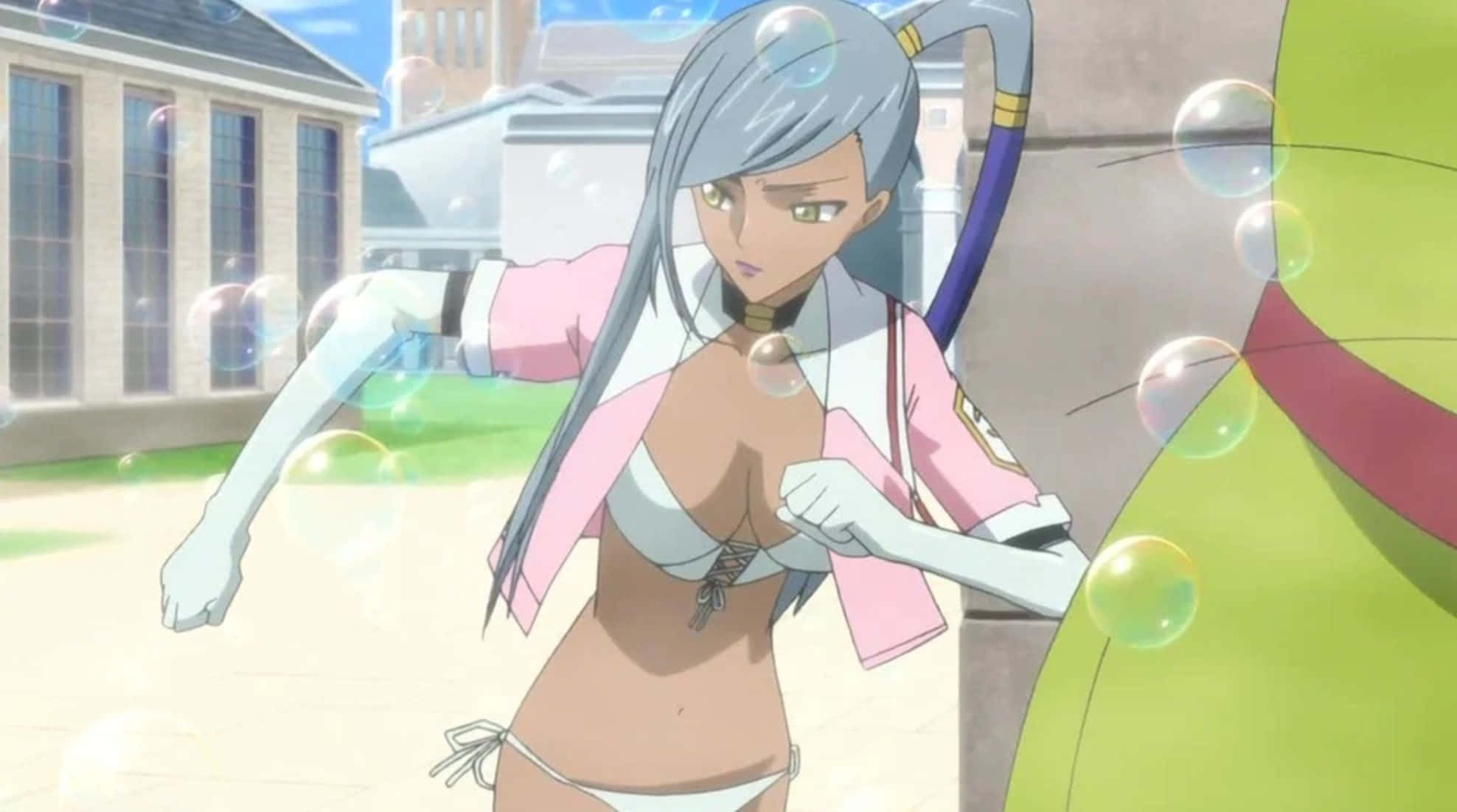 Villetta Nu, silver-haired anime girl, pink jacket, Full HD Desktop Wallpaper