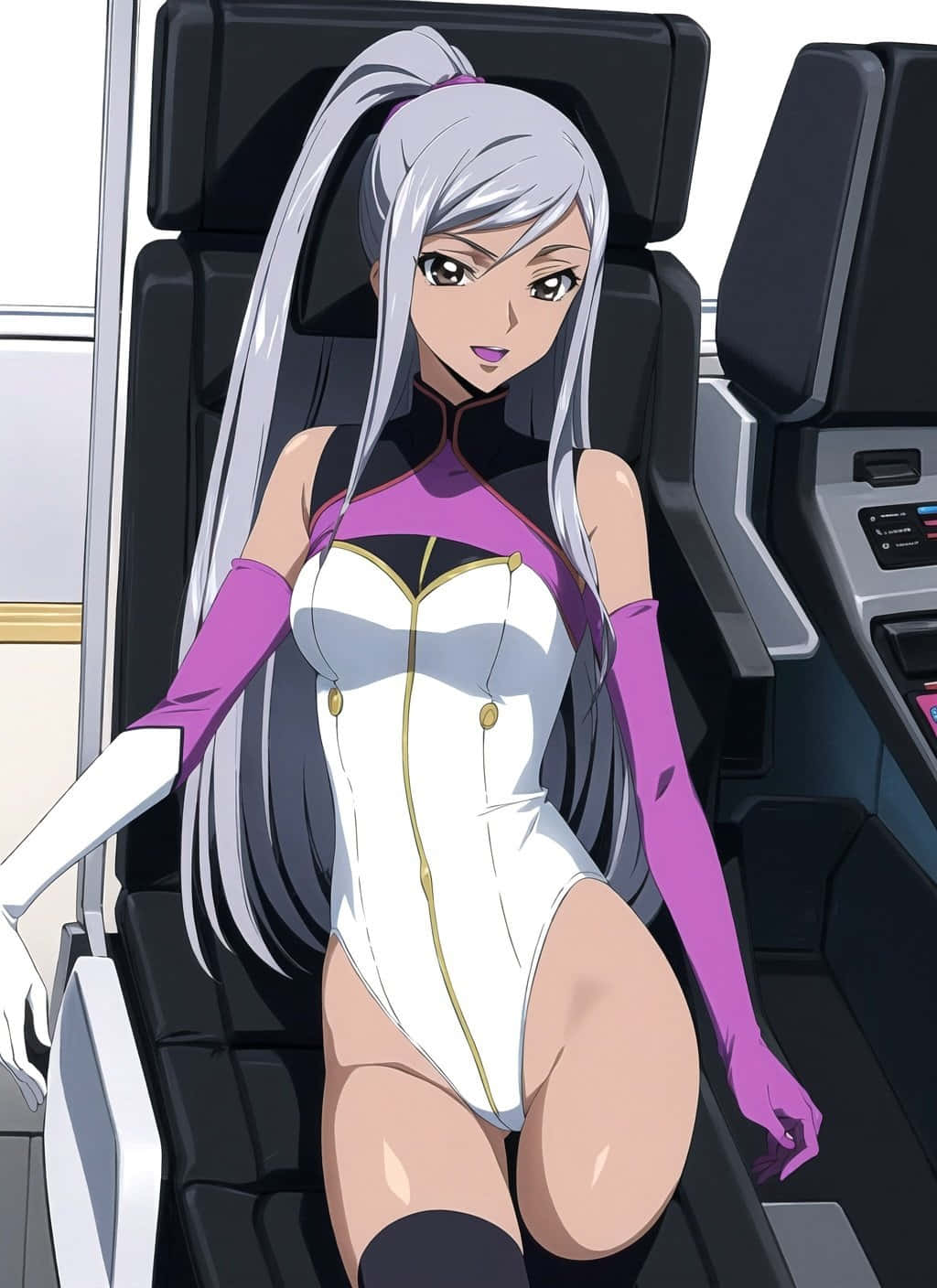 Villetta Nu, silver-haired, white and purple bodysuit, HD Phone Wallpaper