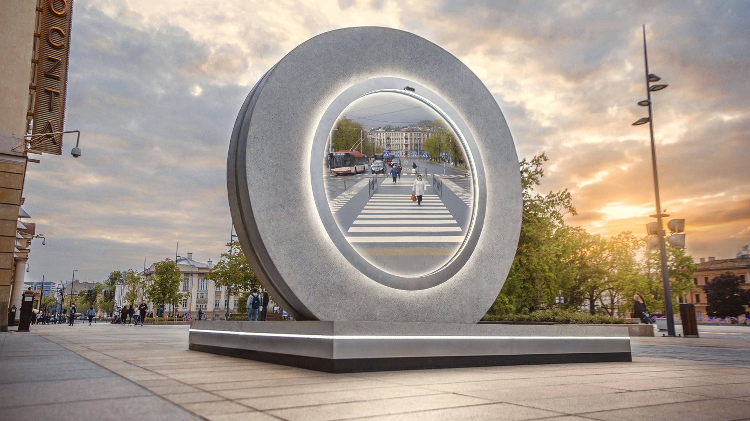 Vilnius, futuristic portal, glowing circular sculpture, 2K Desktop Wallpaper