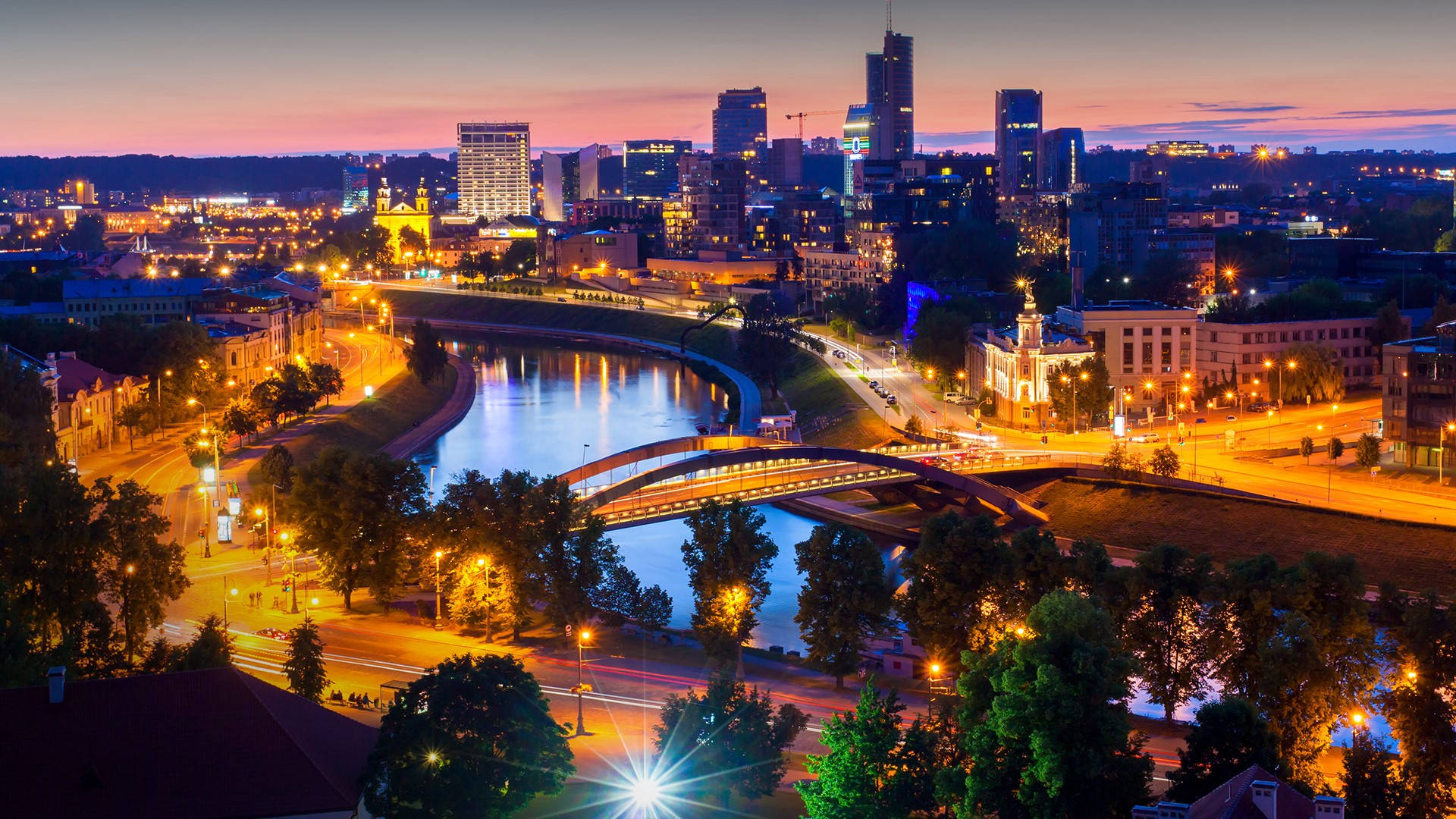Vilnius, cityscape, dusk, Full HD Desktop Wallpaper