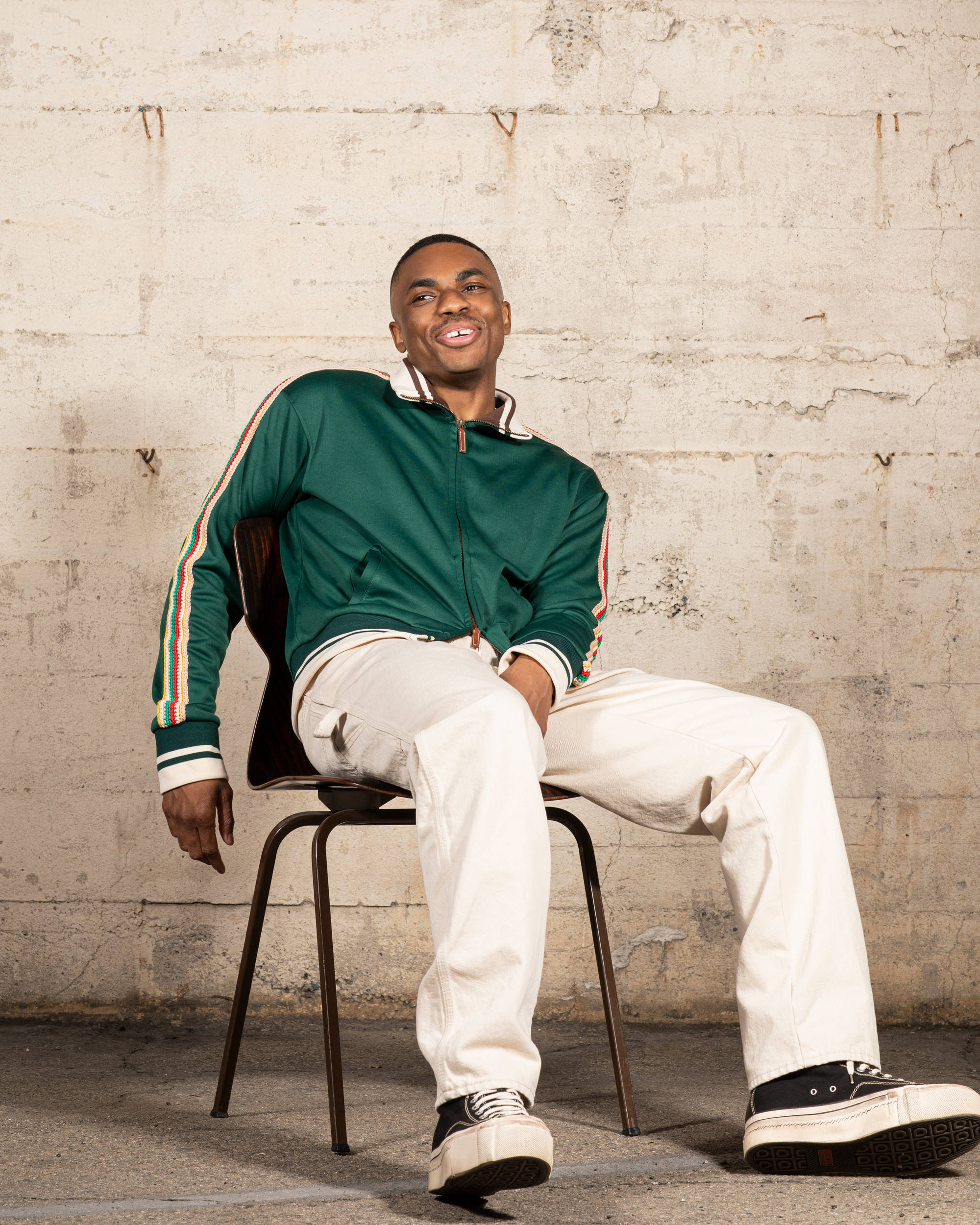 Vince Staples, green track jacket, cream pants, Full HD Phone Wallpaper
