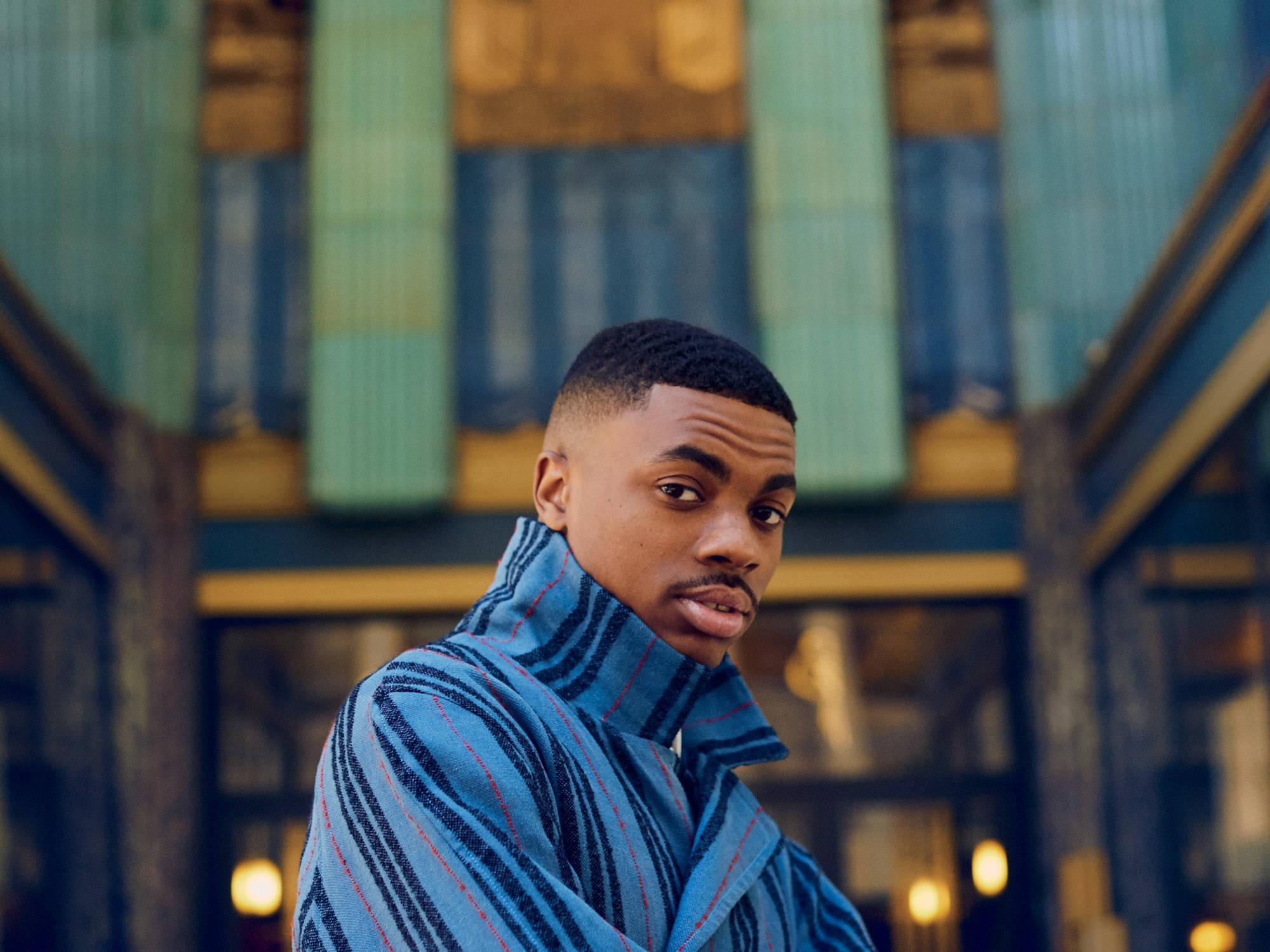 Vince Staples, blue striped coat, colorful building facade, Full HD Desktop Wallpaper