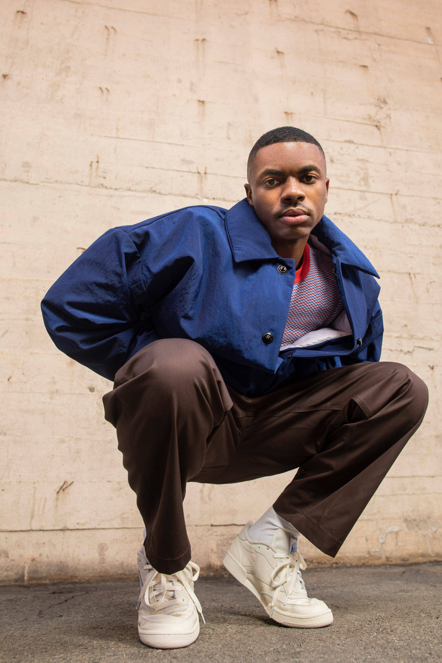 Vince Staples, blue jacket, white sneakers, 2K Phone Wallpaper
