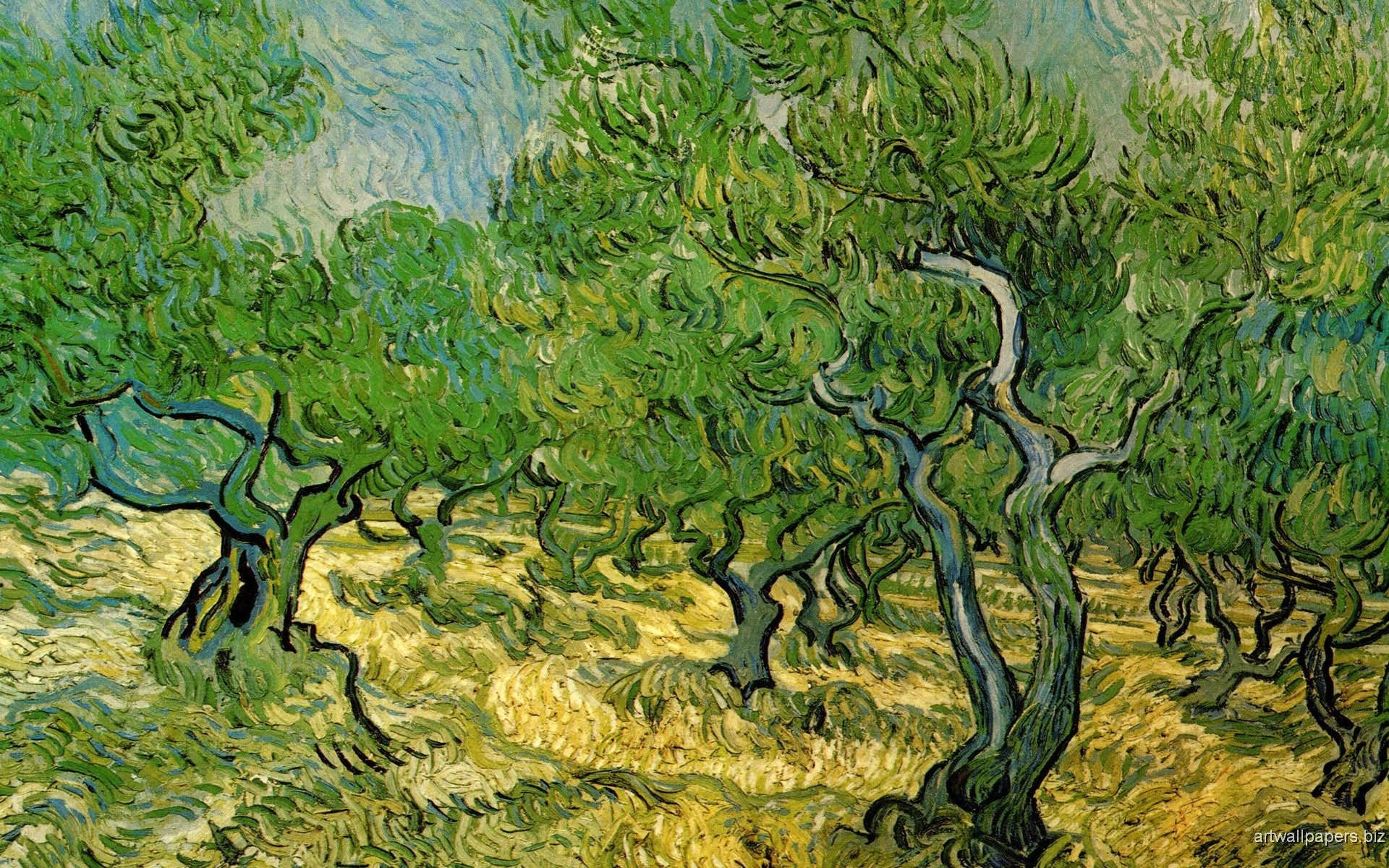 Vincent Van Gogh, olive tree, swirling blue sky, Full HD Desktop Wallpaper