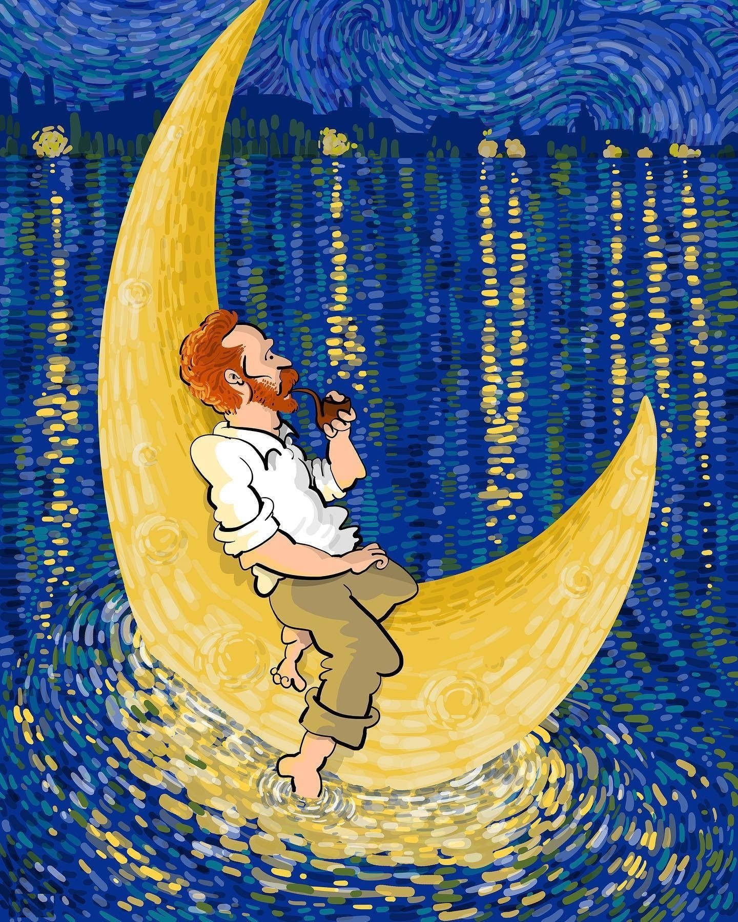 Vincent Van Gogh, crescent moon, swirling blue night sky, HD Phone Wallpaper