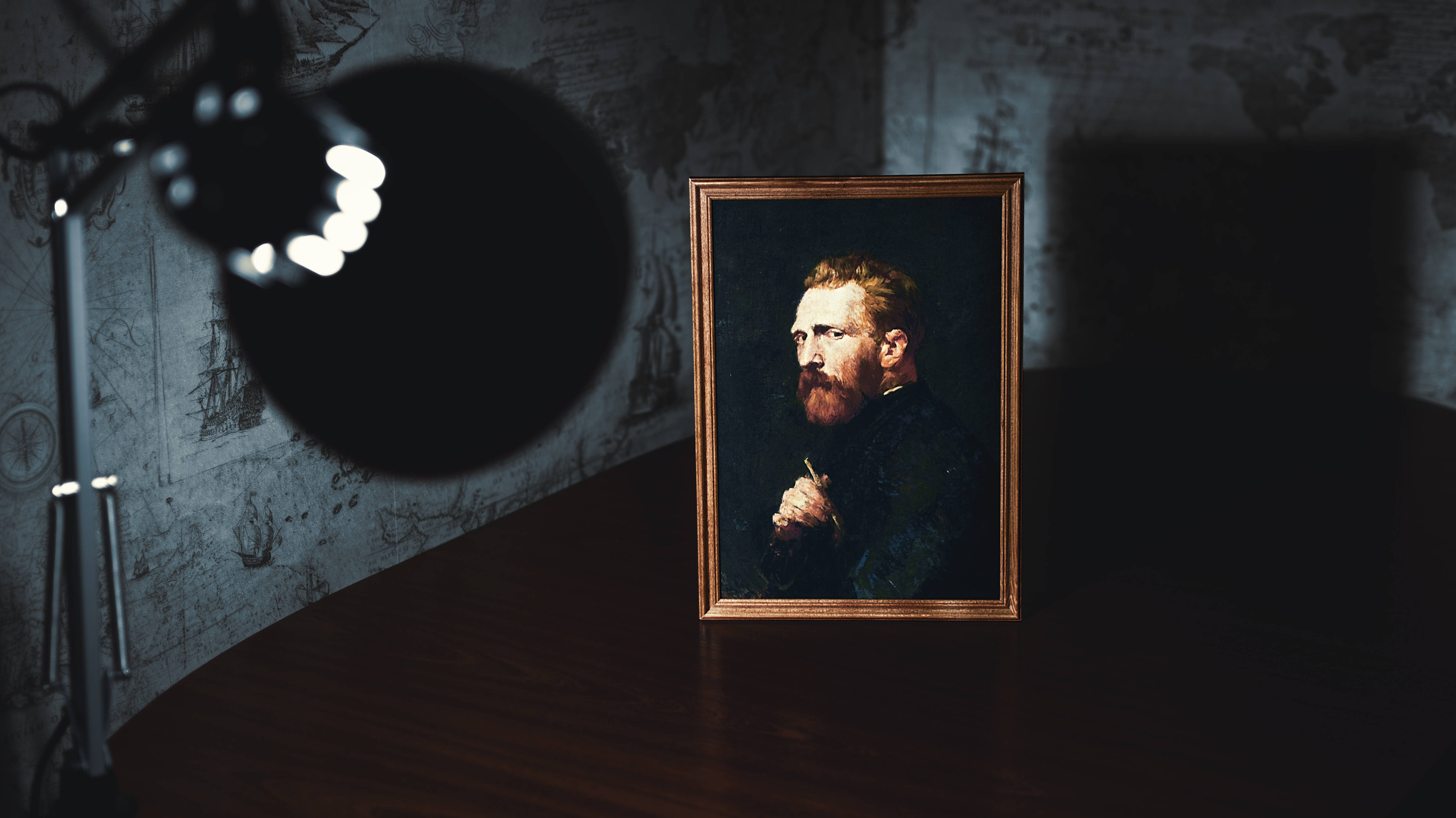 Vincent van Gogh, wooden desk, studio lamp, 5K Desktop Wallpaper