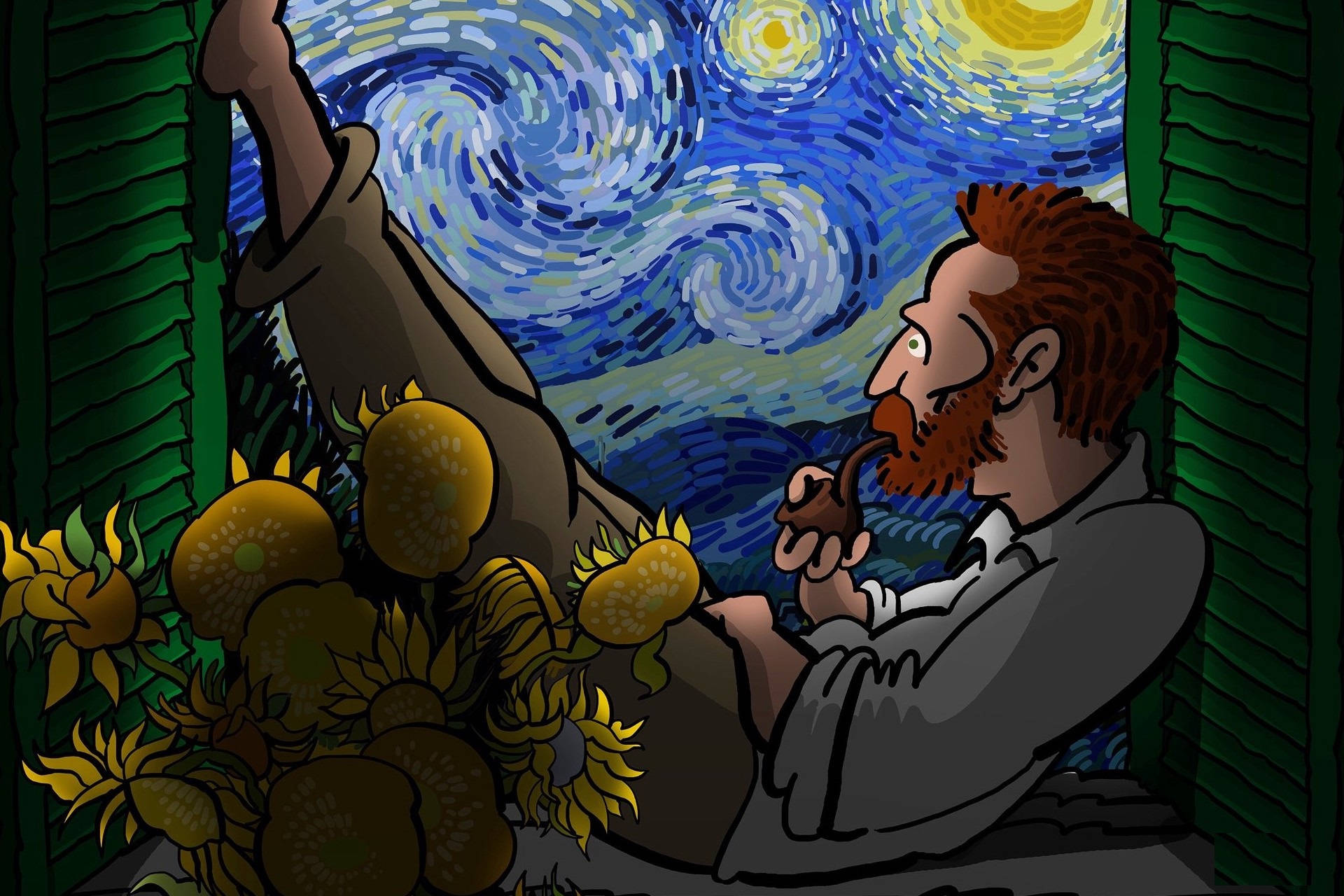 Vincent Van Gogh, cartoon artist, pipe, Full HD Desktop Wallpaper