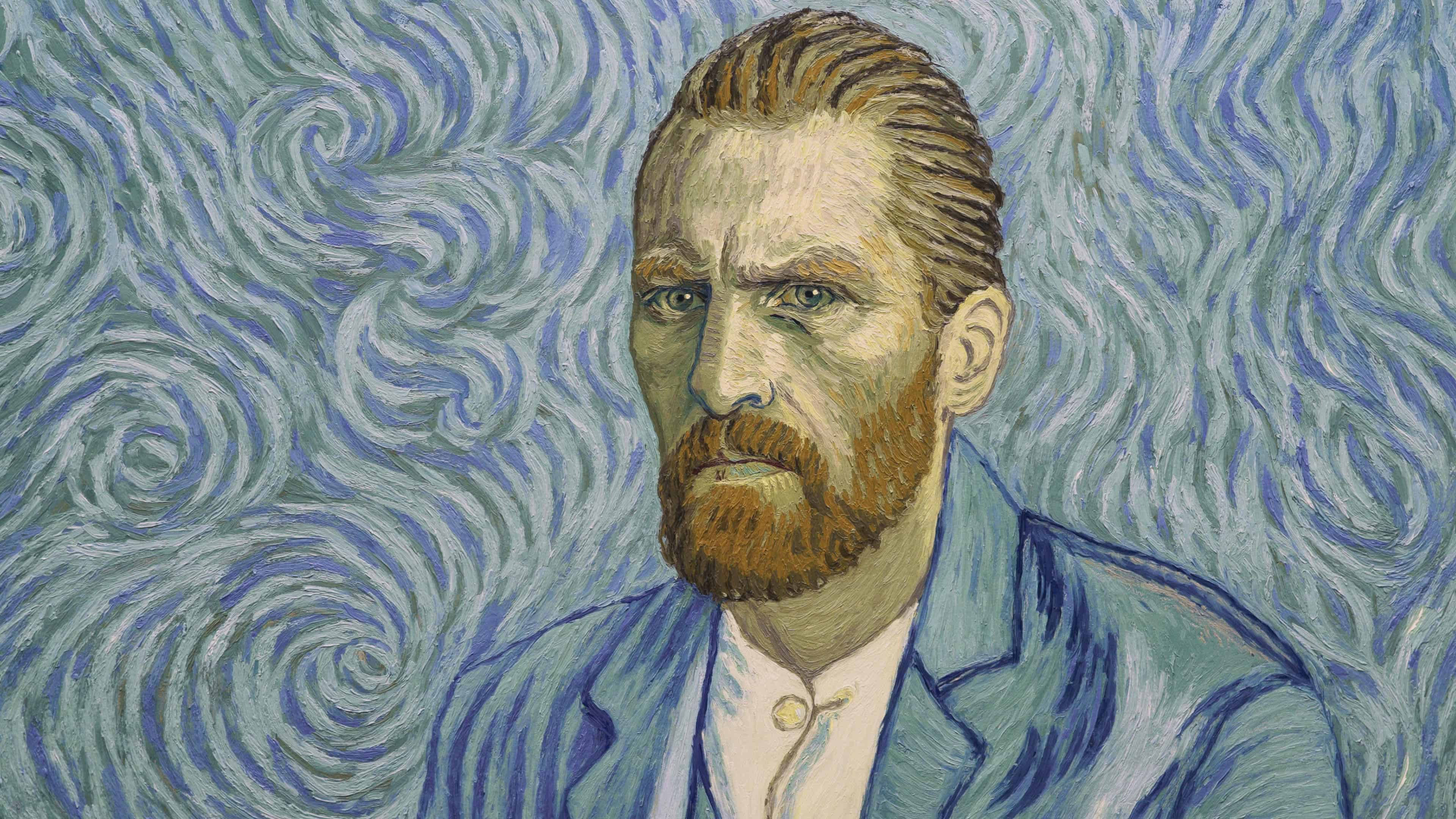 Vincent van Gogh, swirling blue and white background, stern gaze, 4K Desktop Wallpaper