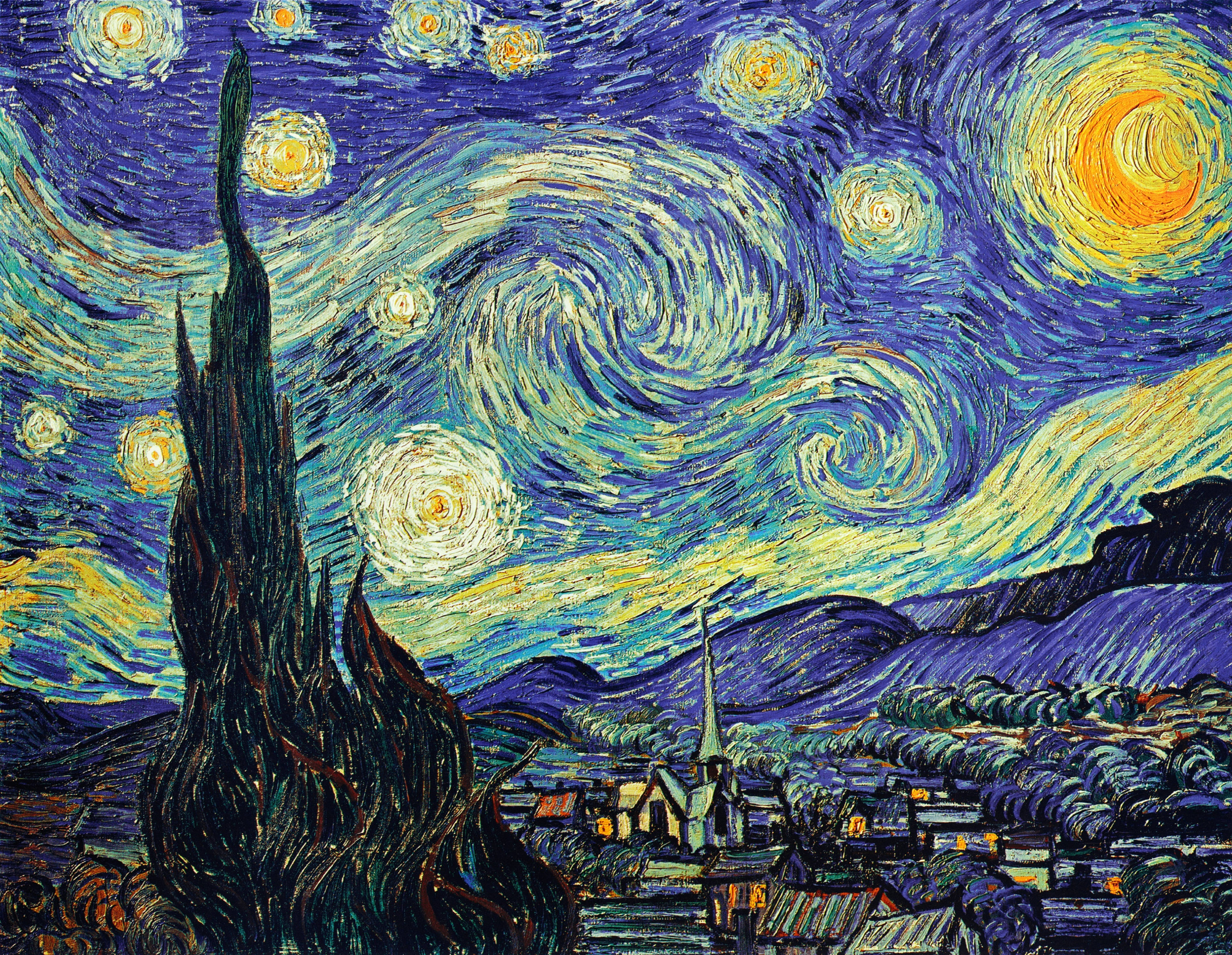 The Starry Night, Vibrant swirling night sky, glowing stars, 5K Desktop Wallpaper