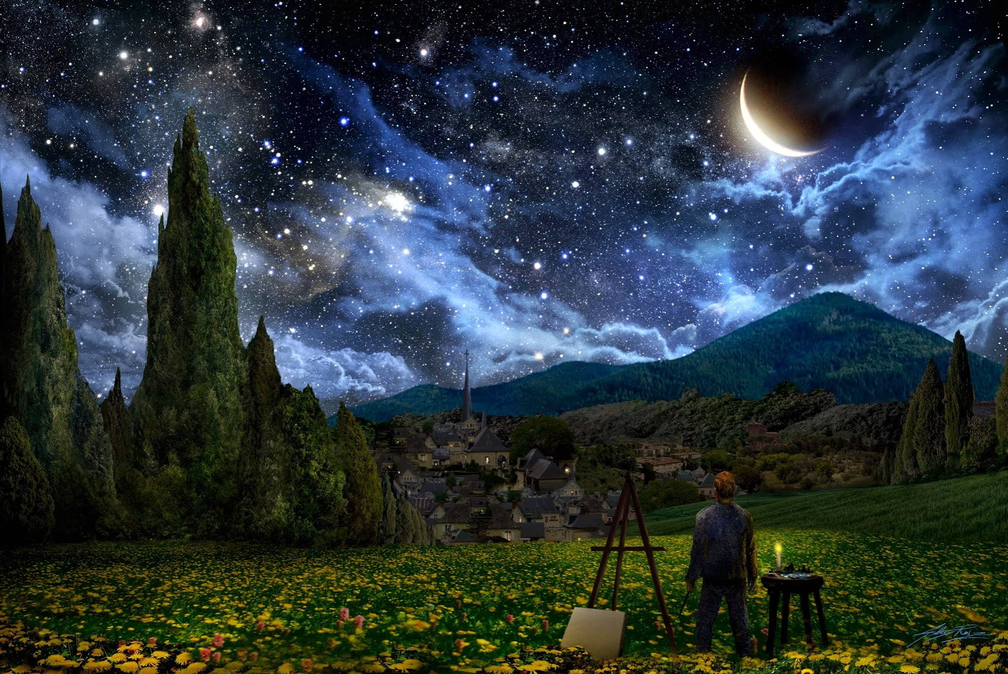 Vincent Van Gogh, Starry Night, crescent moon, Full HD Desktop Wallpaper