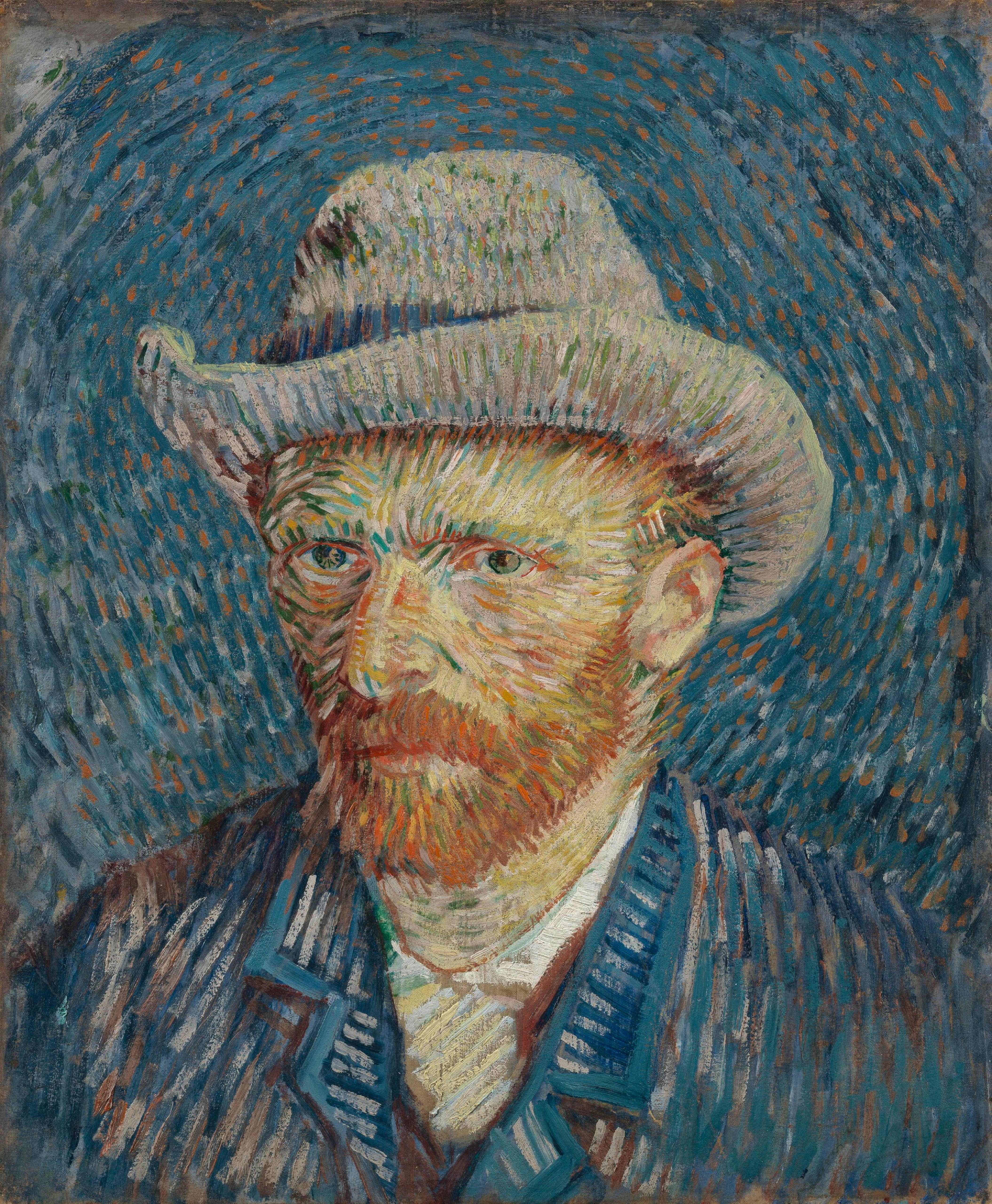 Vincent van Gogh, straw hat, swirling blue background, 5K Phone Wallpaper