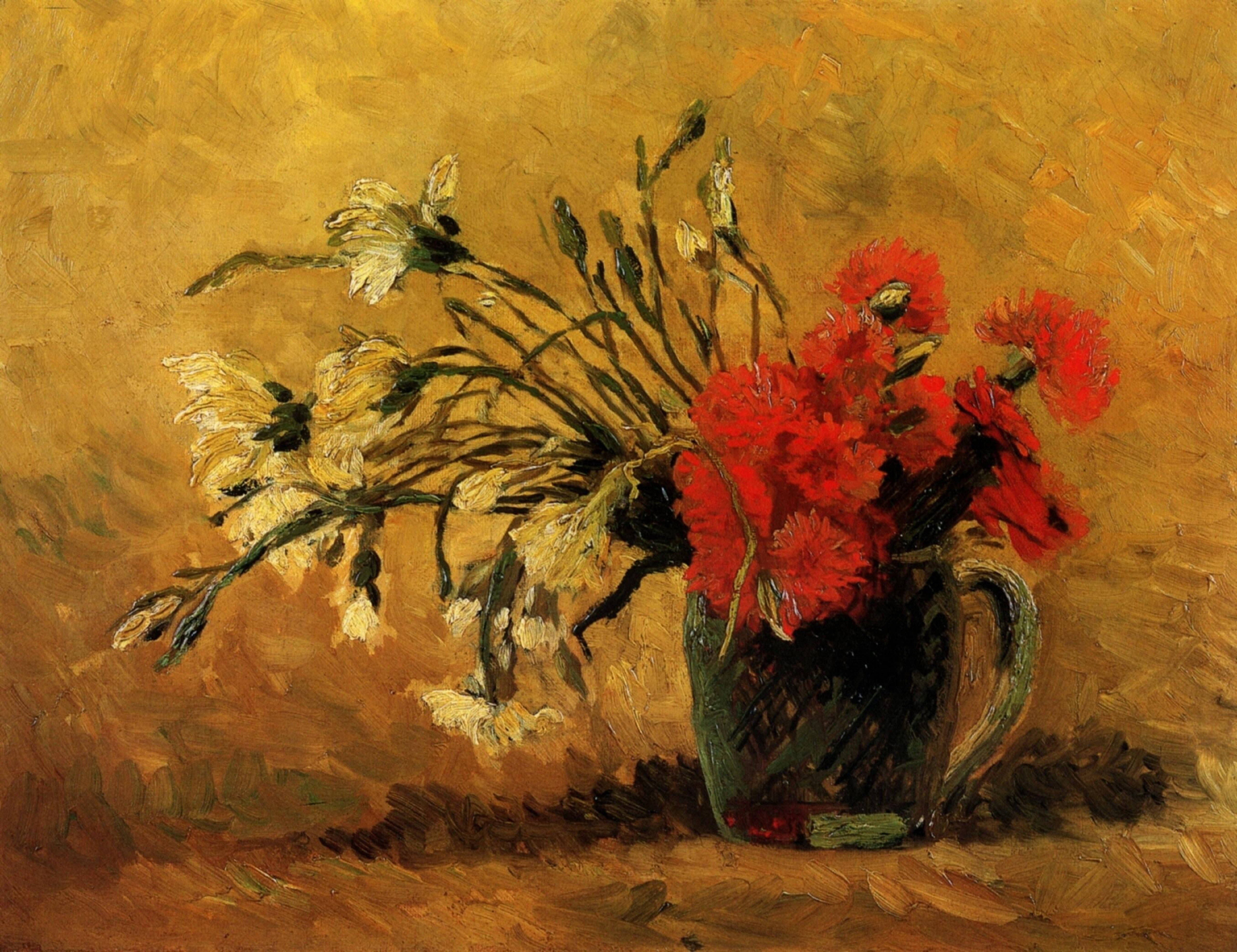 Van Gogh, vase with carnations, red and white flowers, 5K Desktop Wallpaper