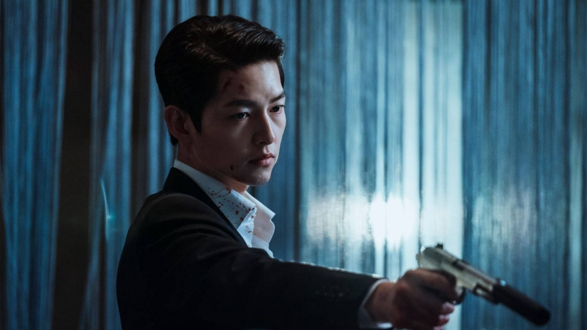 Vincenzo, gun, blue curtains, Full HD Desktop Wallpaper