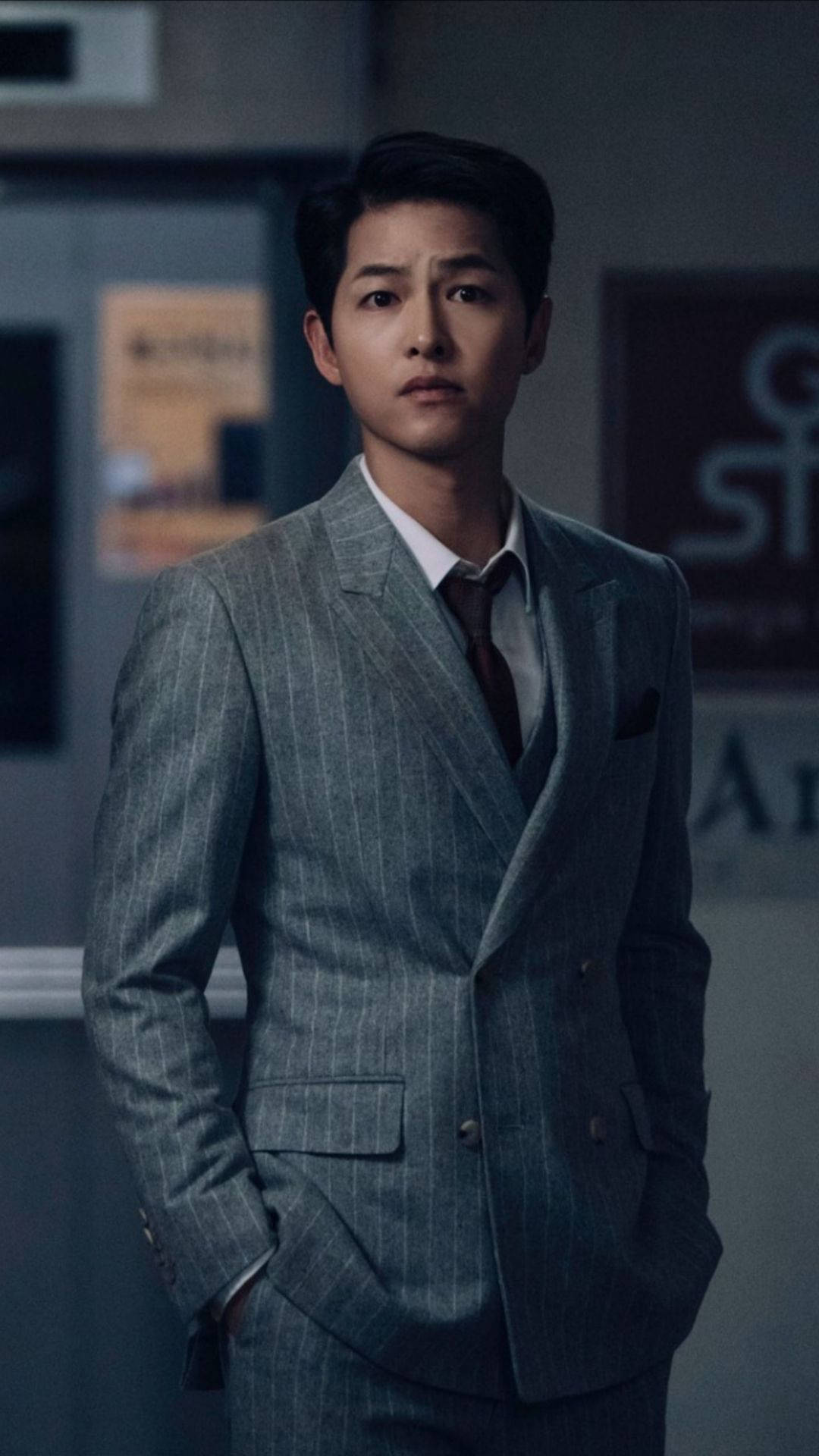 Vincenzo, pinstripe suit, dimly lit office space, Full HD Phone Wallpaper