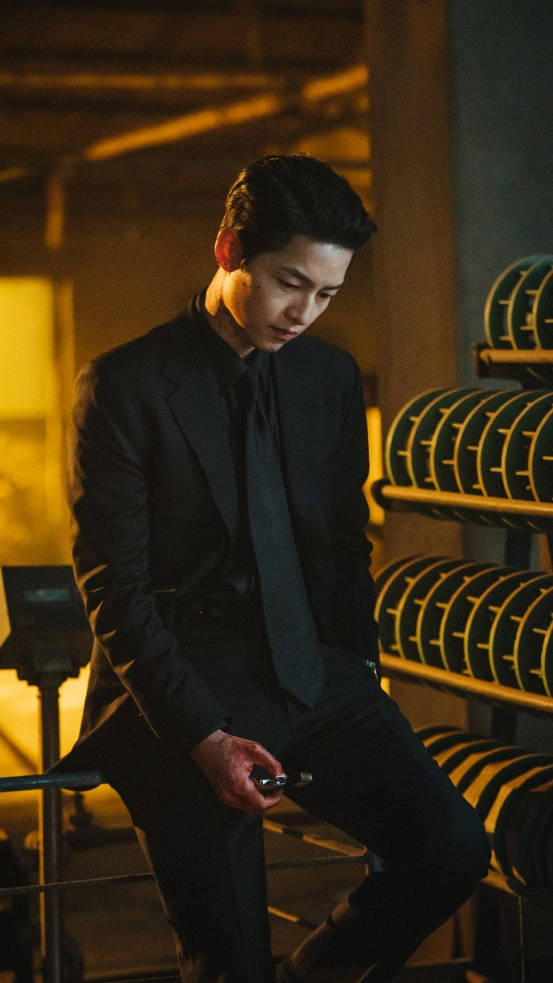 Vincenzo, black suit, dimly lit industrial space, Full HD Phone Wallpaper