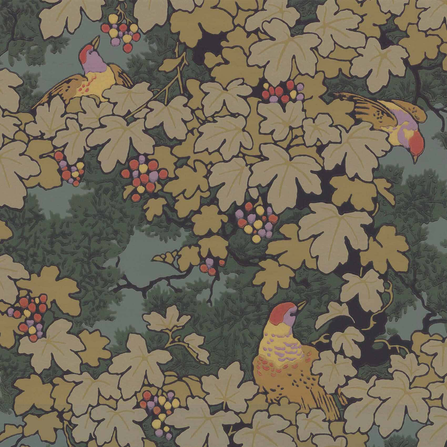 Art nouveau, golden ivy leaves, multicolored grapes, HD Desktop Wallpaper