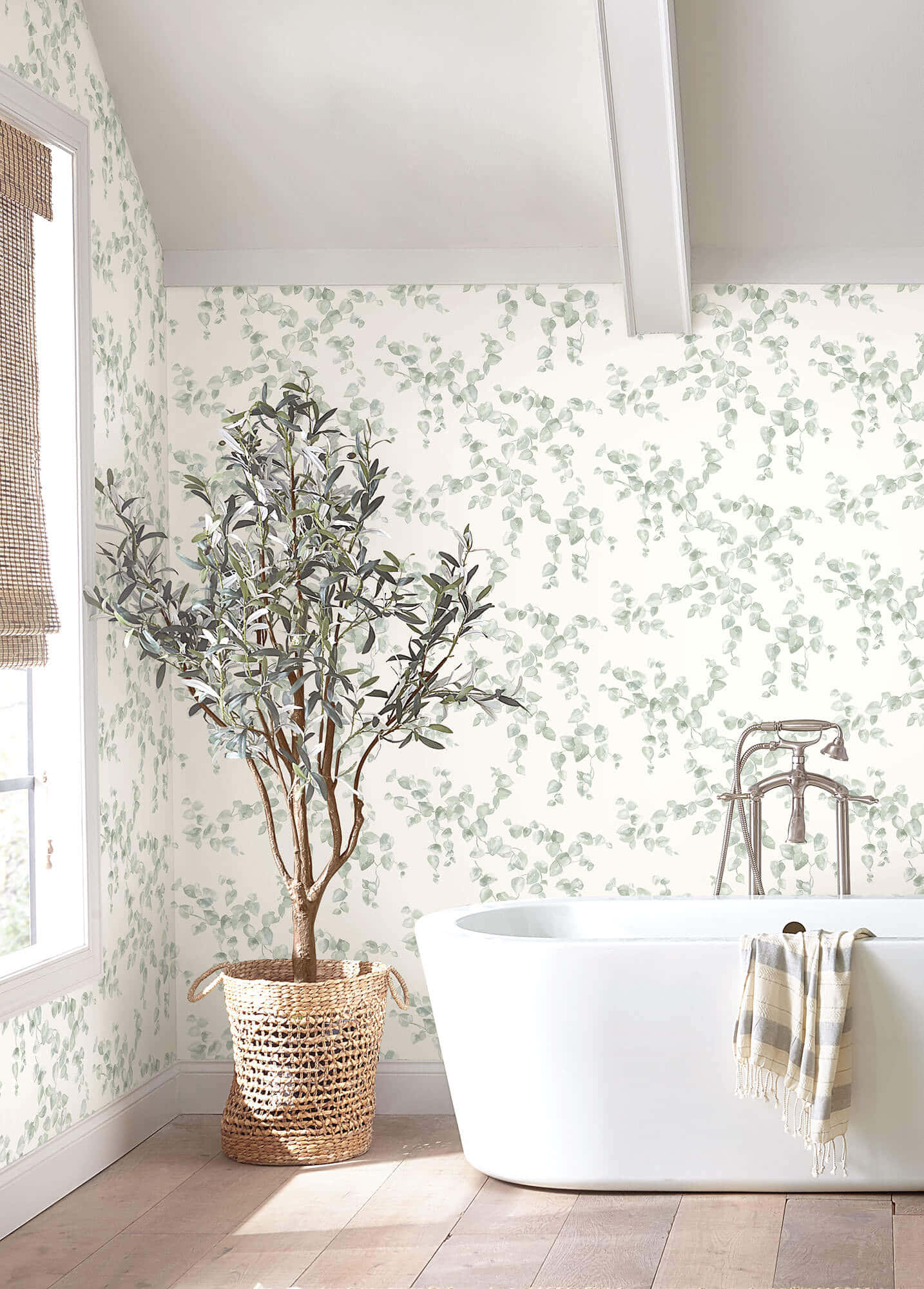 vine wallpaper, freestanding tub, sunlit bathroom, Full HD Phone Wallpaper