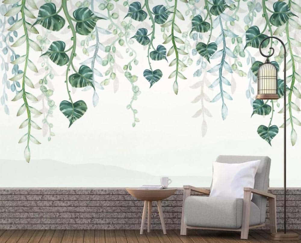 watercolor wallpaper, cascading green monstera leaves, vines, SD Desktop Wallpaper