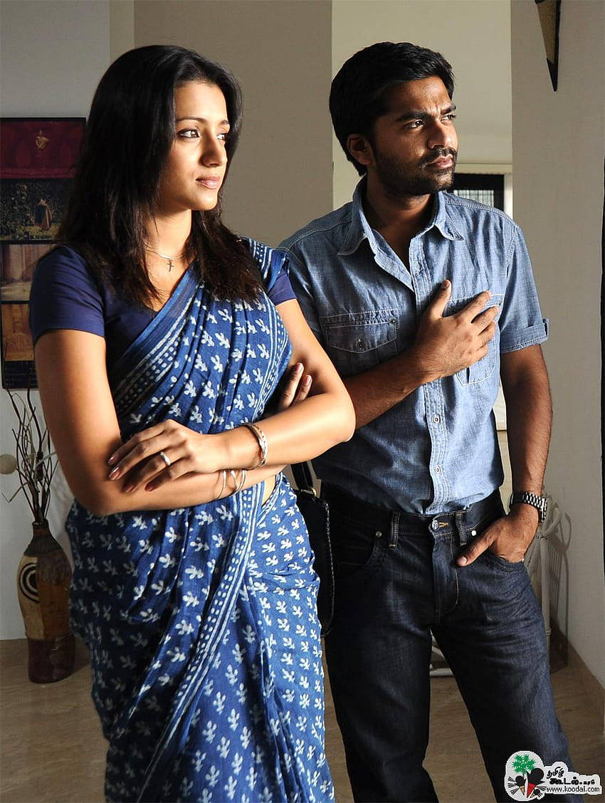 Vinnaithandi Varuvaya HD, blue patterned sari, denim shirt, SD Phone Wallpaper