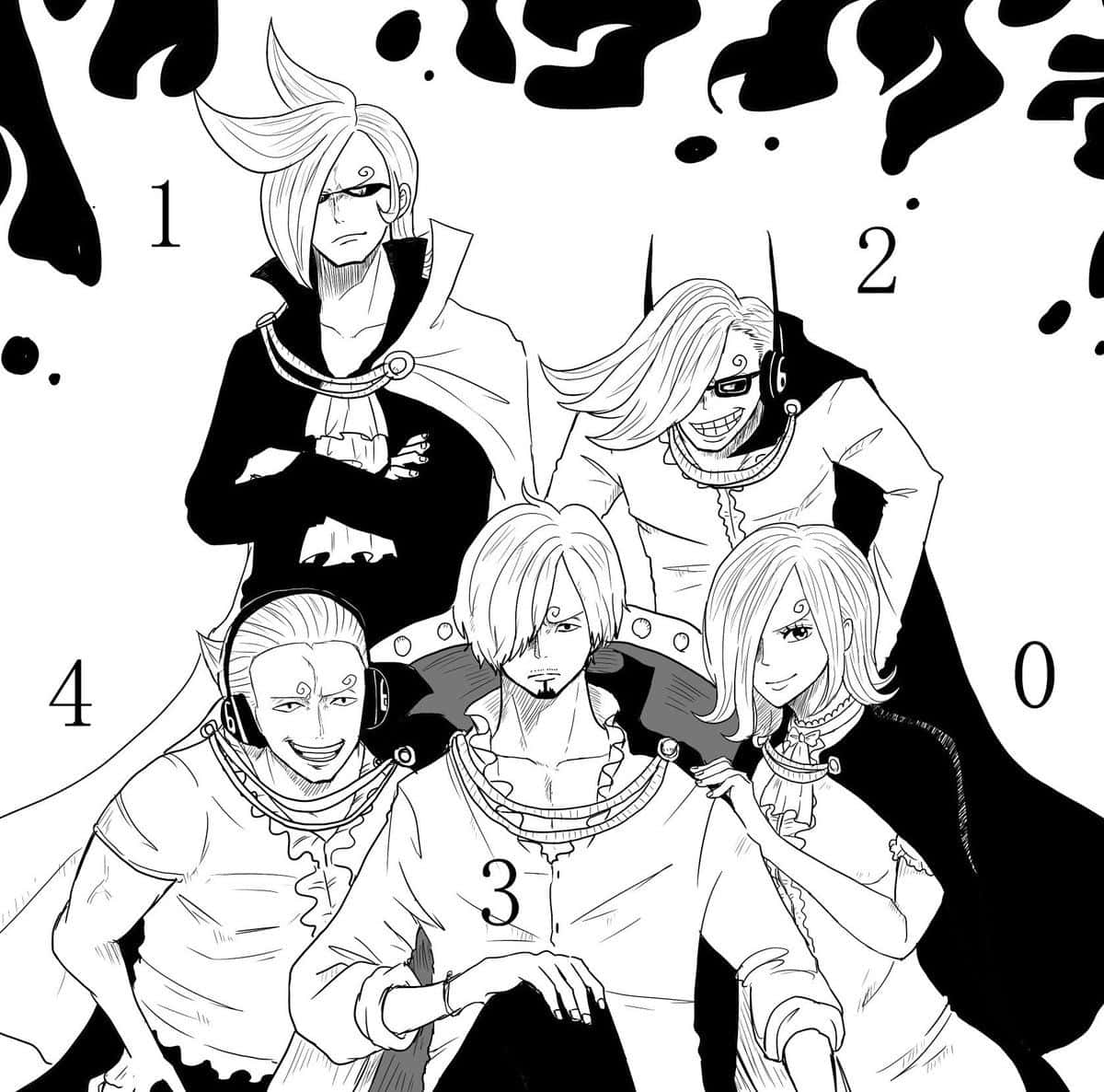 Vinsmoke Family, black and white line art, splattered ink background, SD Desktop Wallpaper