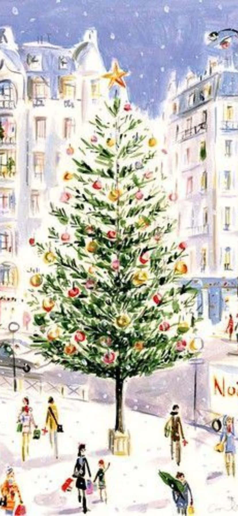 Vintage 50's Christmas, watercolor Christmas tree, colorful ornaments, HD Phone Wallpaper