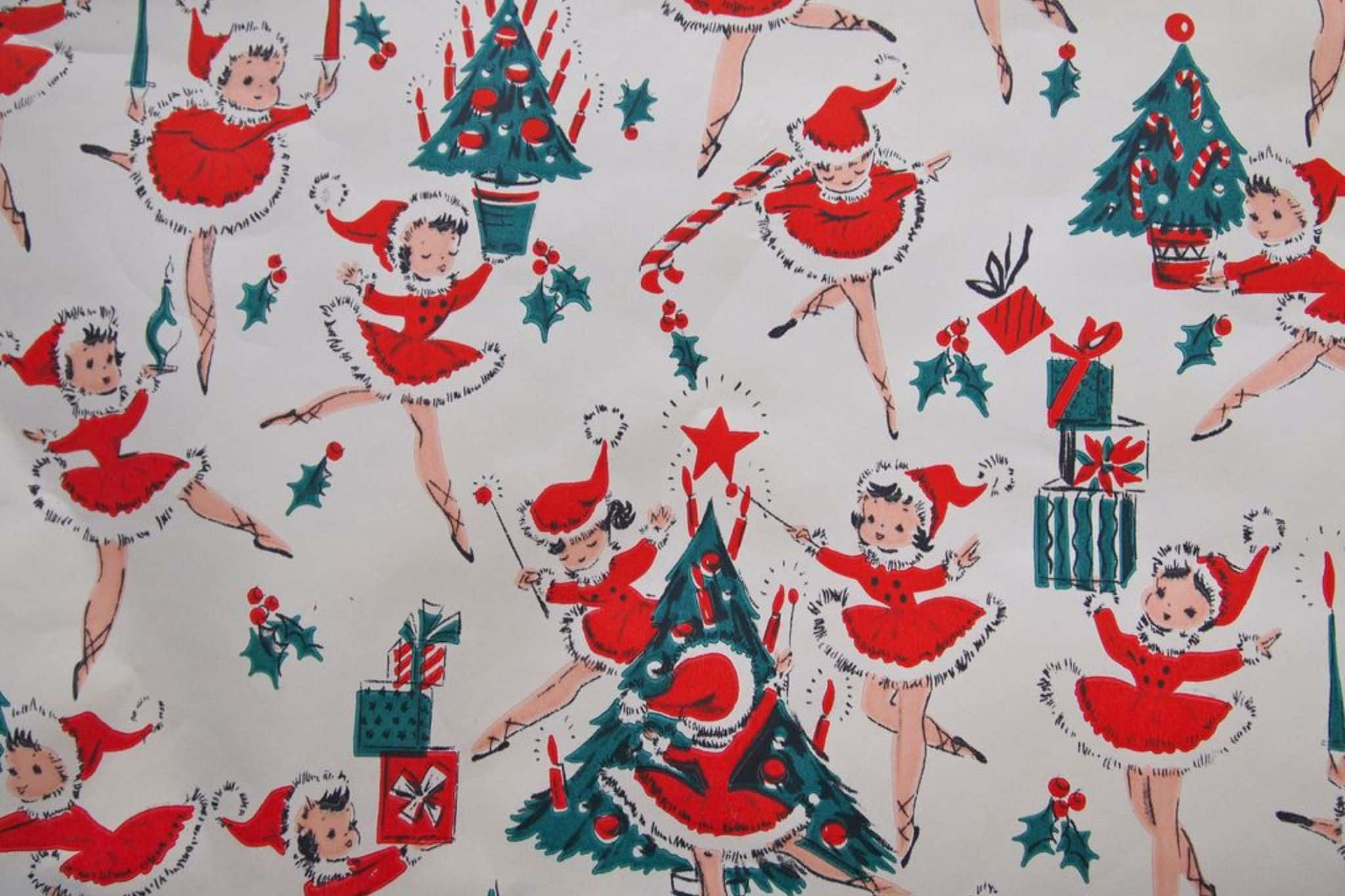 Vintage 50's Christmas, dancing ballerinas, red tutus, Full HD Desktop Wallpaper