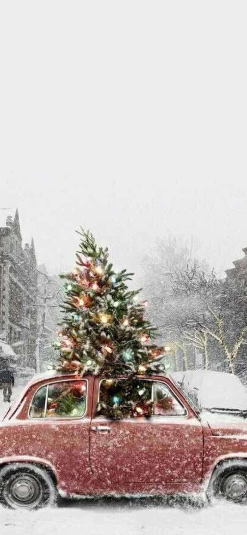vintage red car, lit Christmas tree, snow, HD Phone Wallpaper