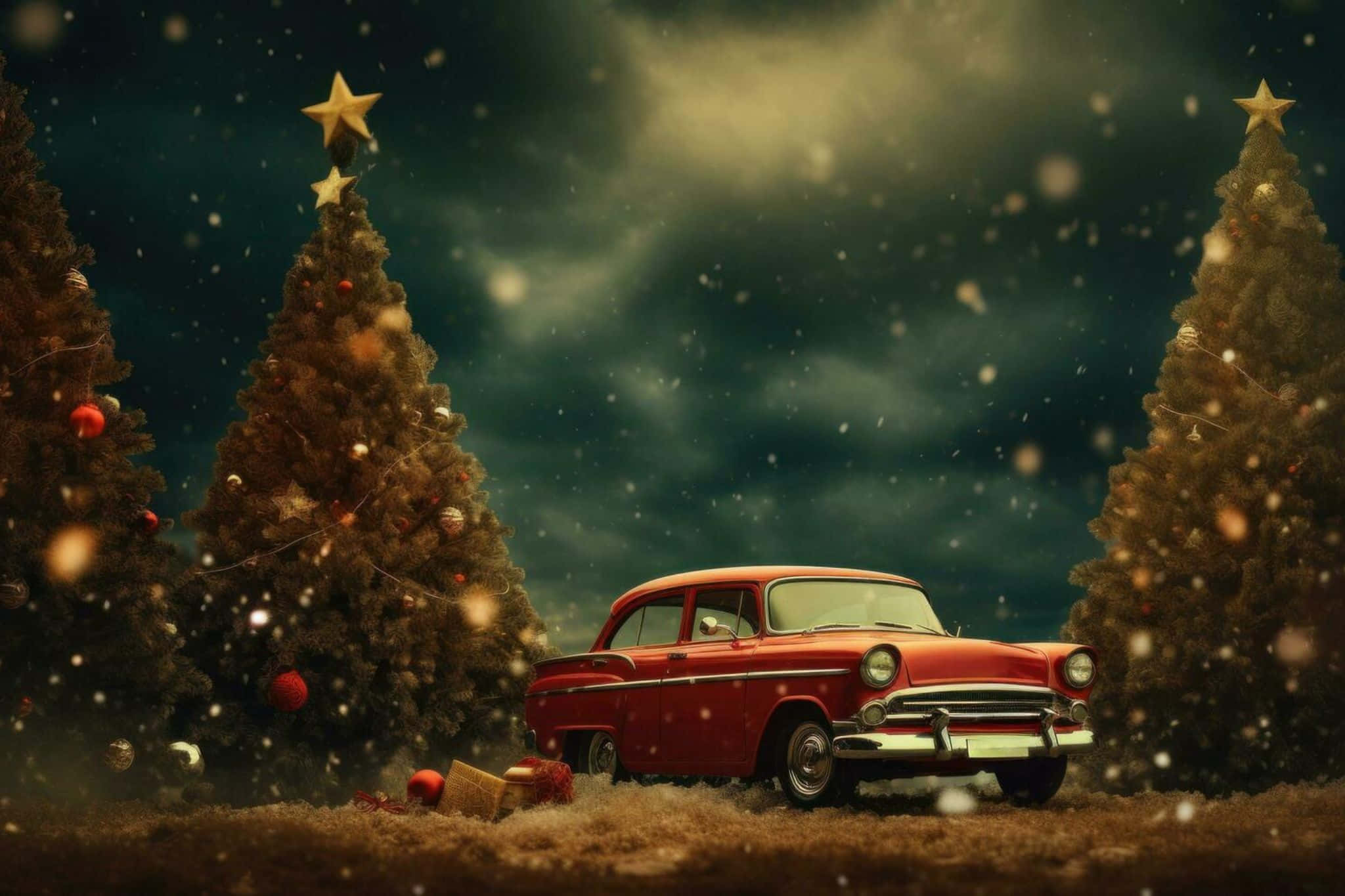 Vintage 50's Christmas, classic car, red car, Full HD Desktop Wallpaper