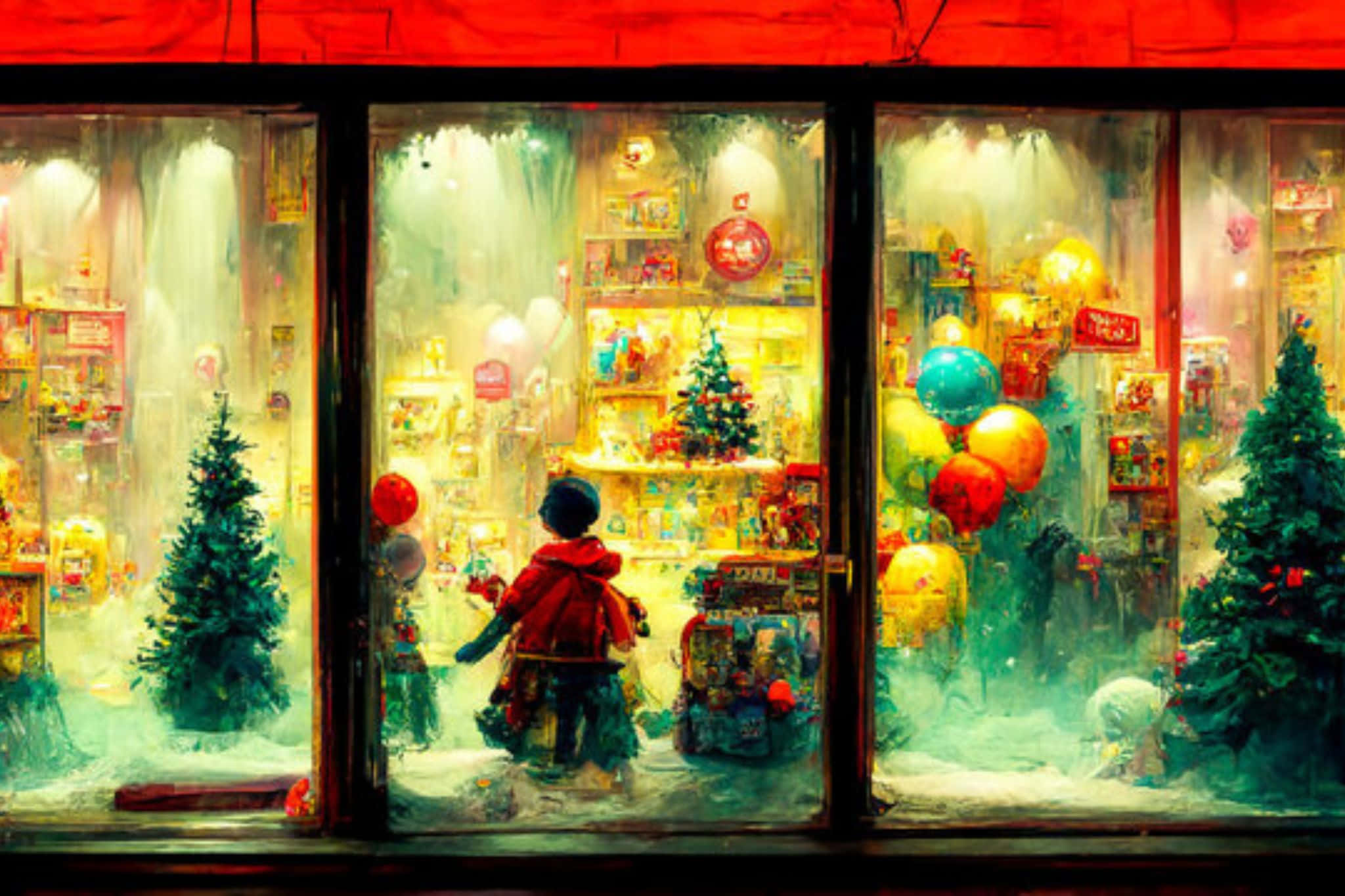 red coat, brightly lit Christmas shop window, trees, Full HD Desktop Wallpaper