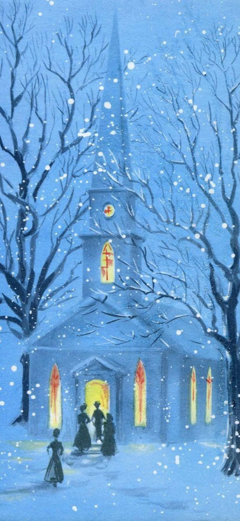 Vintage 50's Christmas, snowy blue church, glowing windows, HD Phone Wallpaper