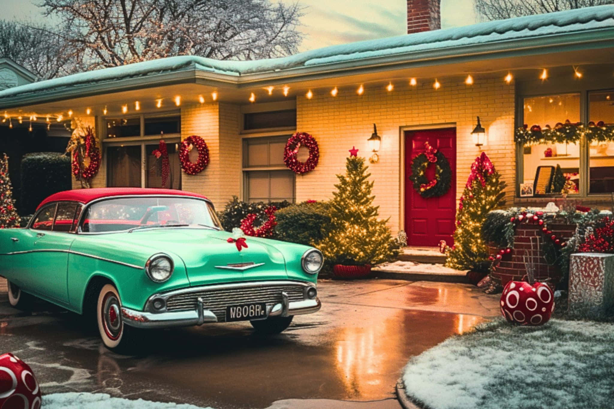 vintage 50's Christmas, teal and red car, snow-dusted house, Full HD Desktop Wallpaper