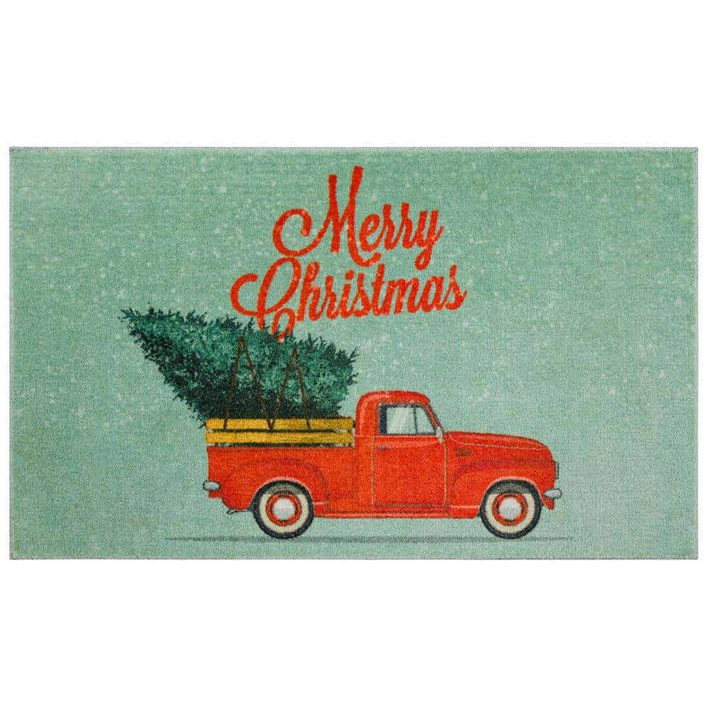 vintage red pickup truck, green Christmas tree, speckled teal background, SD Desktop Wallpaper