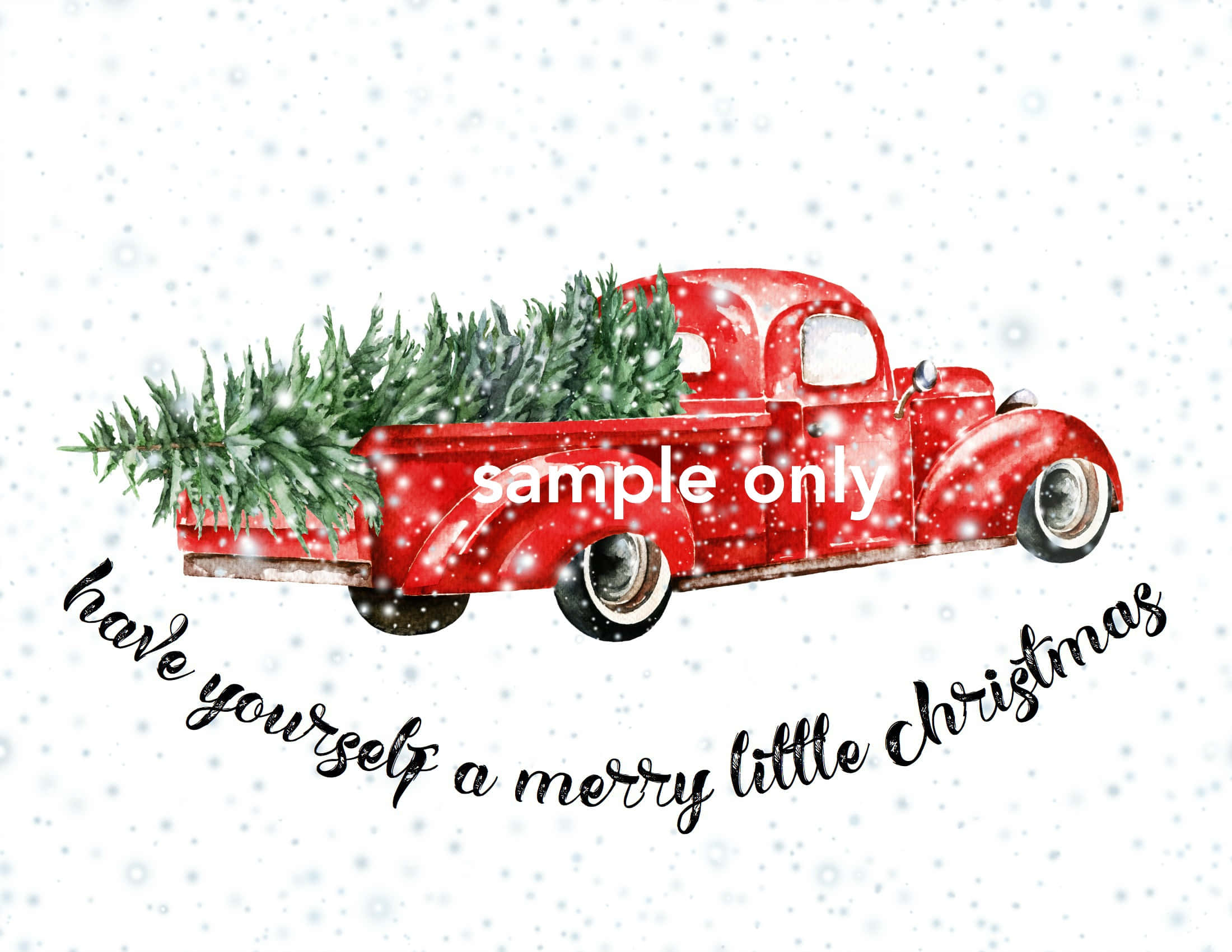 vintage red pickup truck, lush green Christmas tree, falling snow, Full HD Desktop Wallpaper