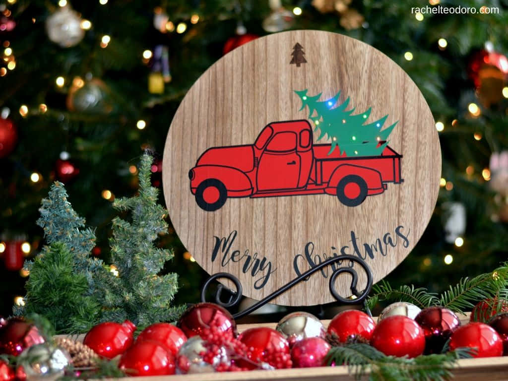 red vintage truck, lit Christmas tree, decorated tree, SD Desktop Wallpaper