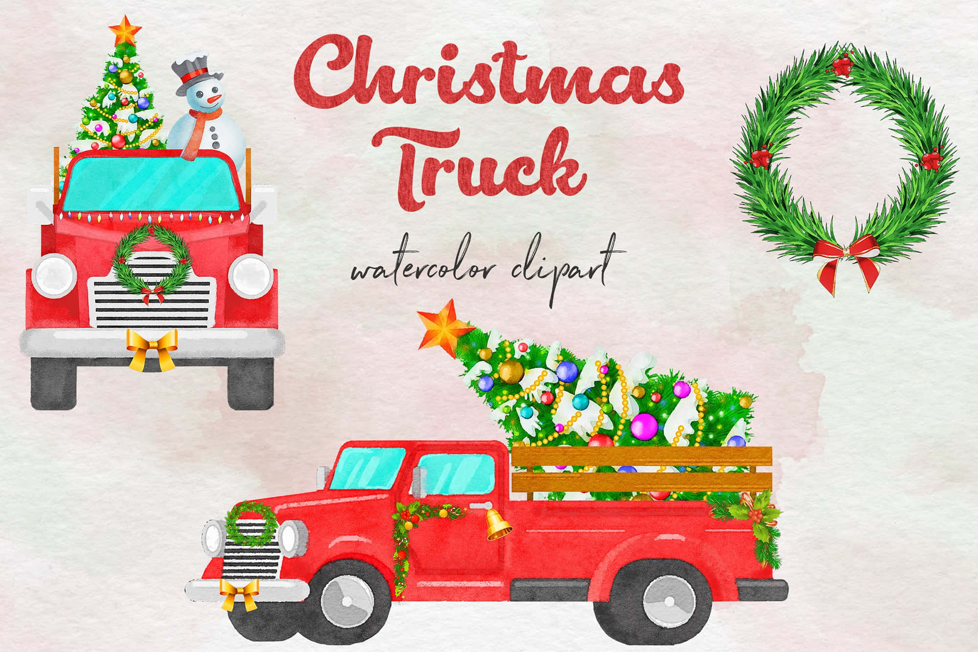 vintage truck, red, Christmas trees, Full HD Desktop Wallpaper