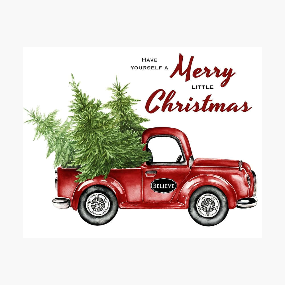vintage red pickup truck, lush green Christmas tree, white background, SD Desktop Wallpaper